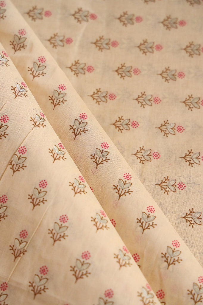 doeraa Prints Dark Pink And Brown Small Floral Booti Foil Print On Beige Organic Cotton Fabric