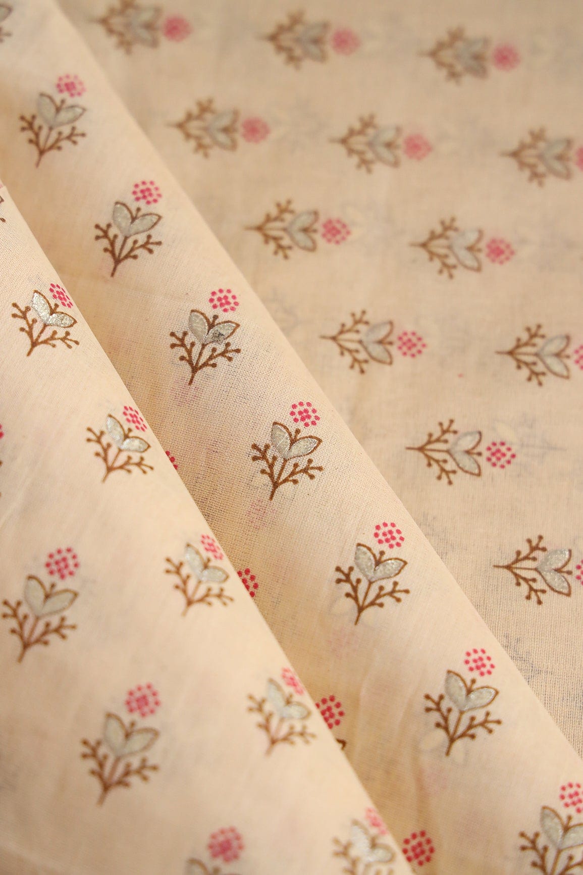 doeraa Prints Dark Pink And Brown Small Floral Booti Foil Print On Beige Organic Cotton Fabric