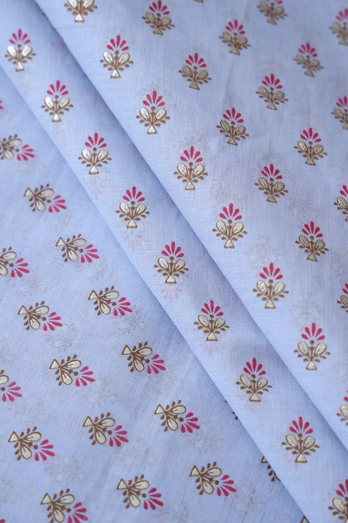doeraa Prints Dark Pink And Brown Small Floral Booti Foil Print On Pastel Blue Organic Cotton Fabric