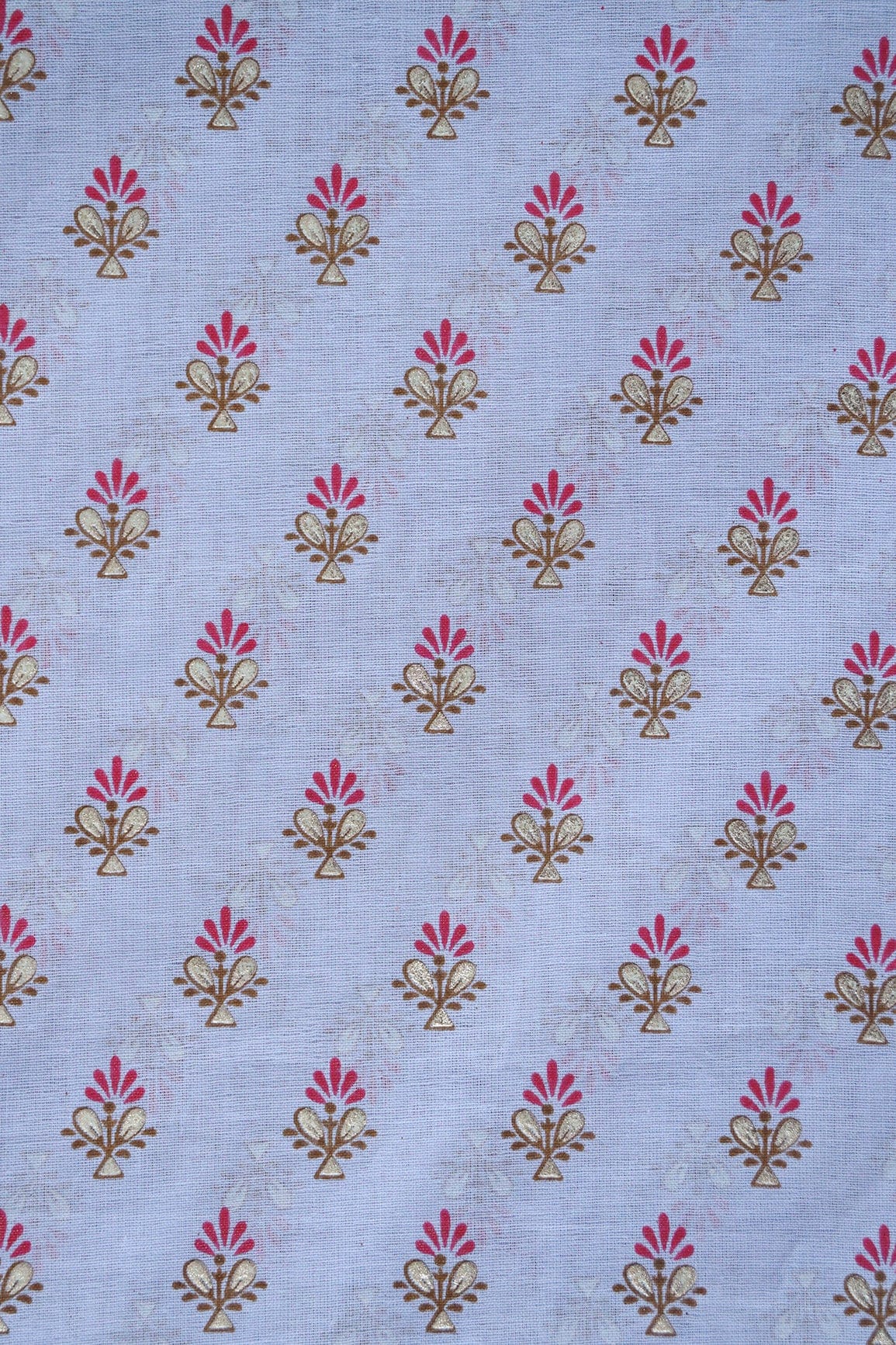 doeraa Prints Dark Pink And Brown Small Floral Booti Foil Print On Pastel Blue Organic Cotton Fabric