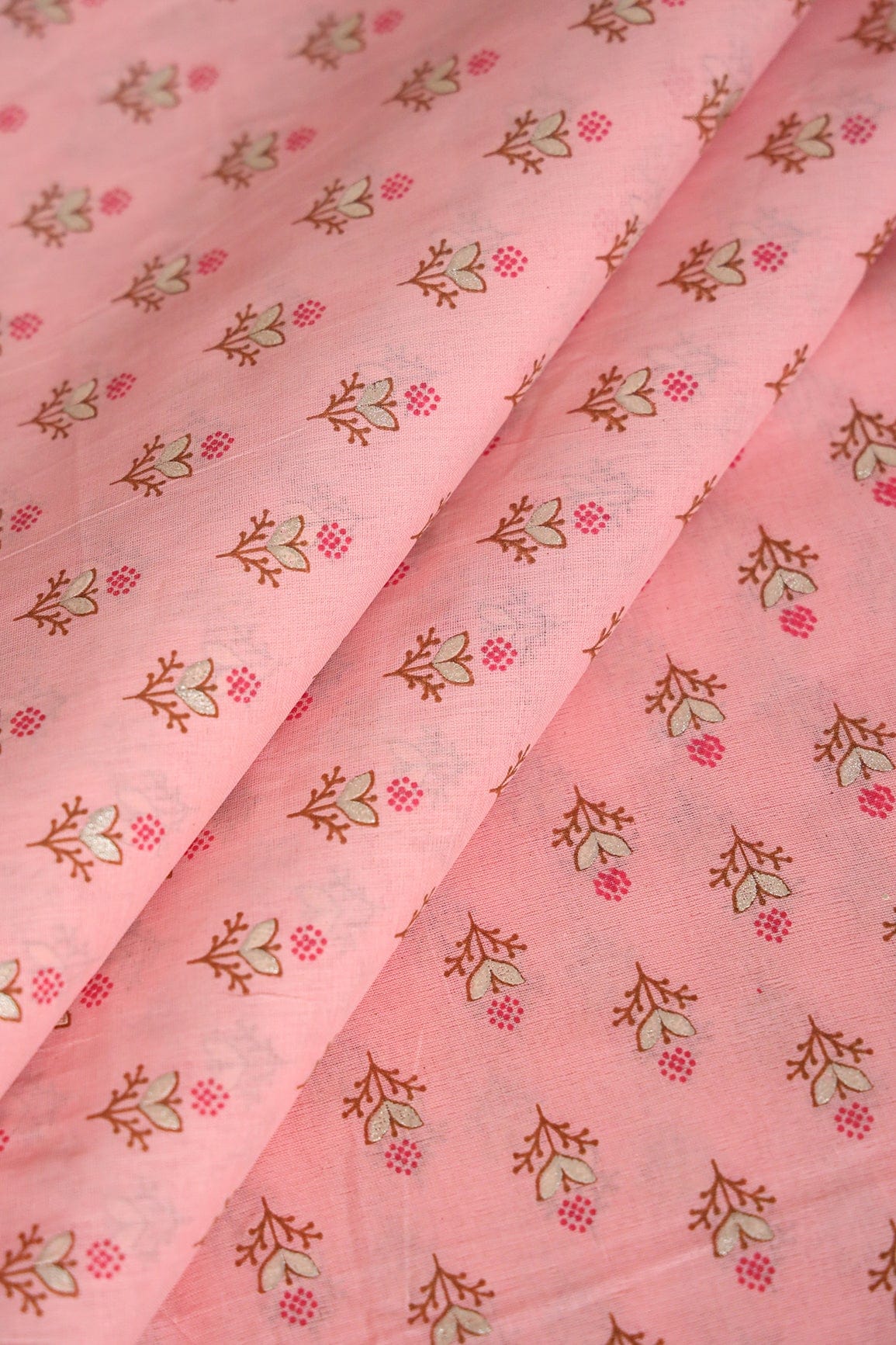 doeraa Prints Dark Pink And Brown Small Floral Booti Foil Print On Pink Organic Cotton Fabric