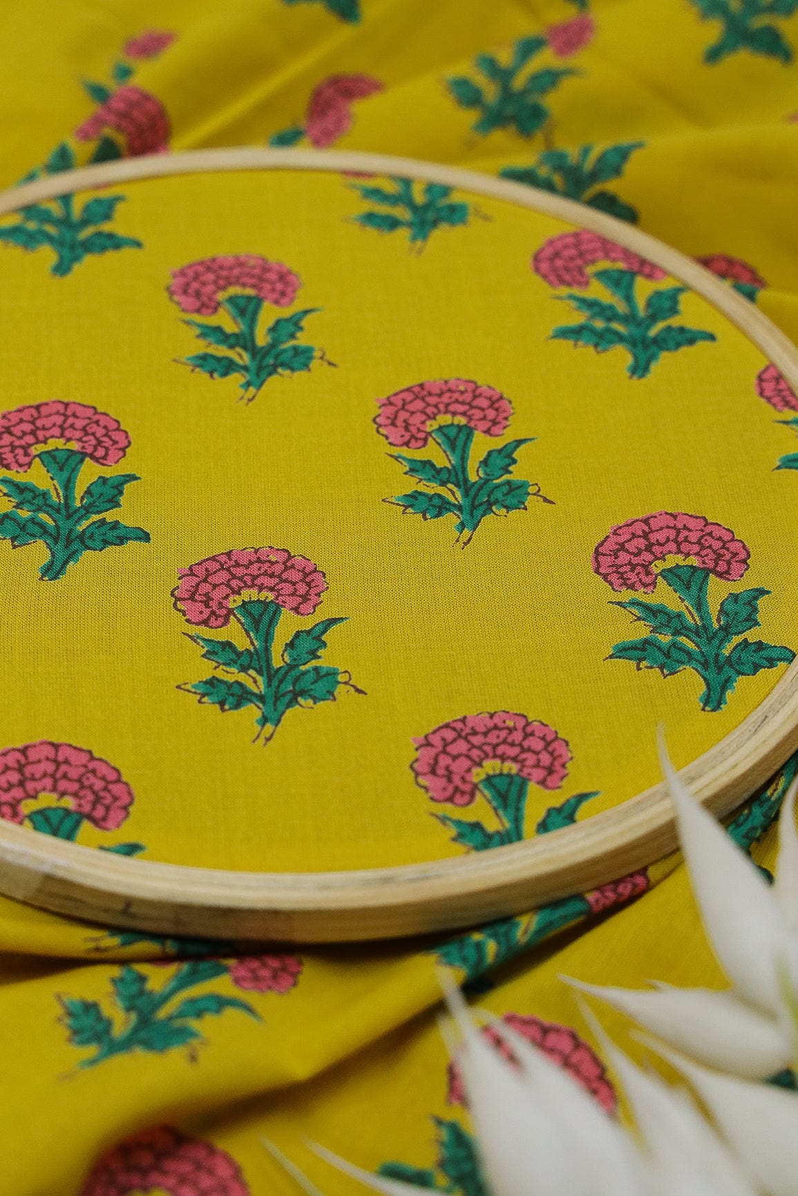 doeraa Prints Elegant Floral Motif Screen Print On organic Yellow Cotton Fabric