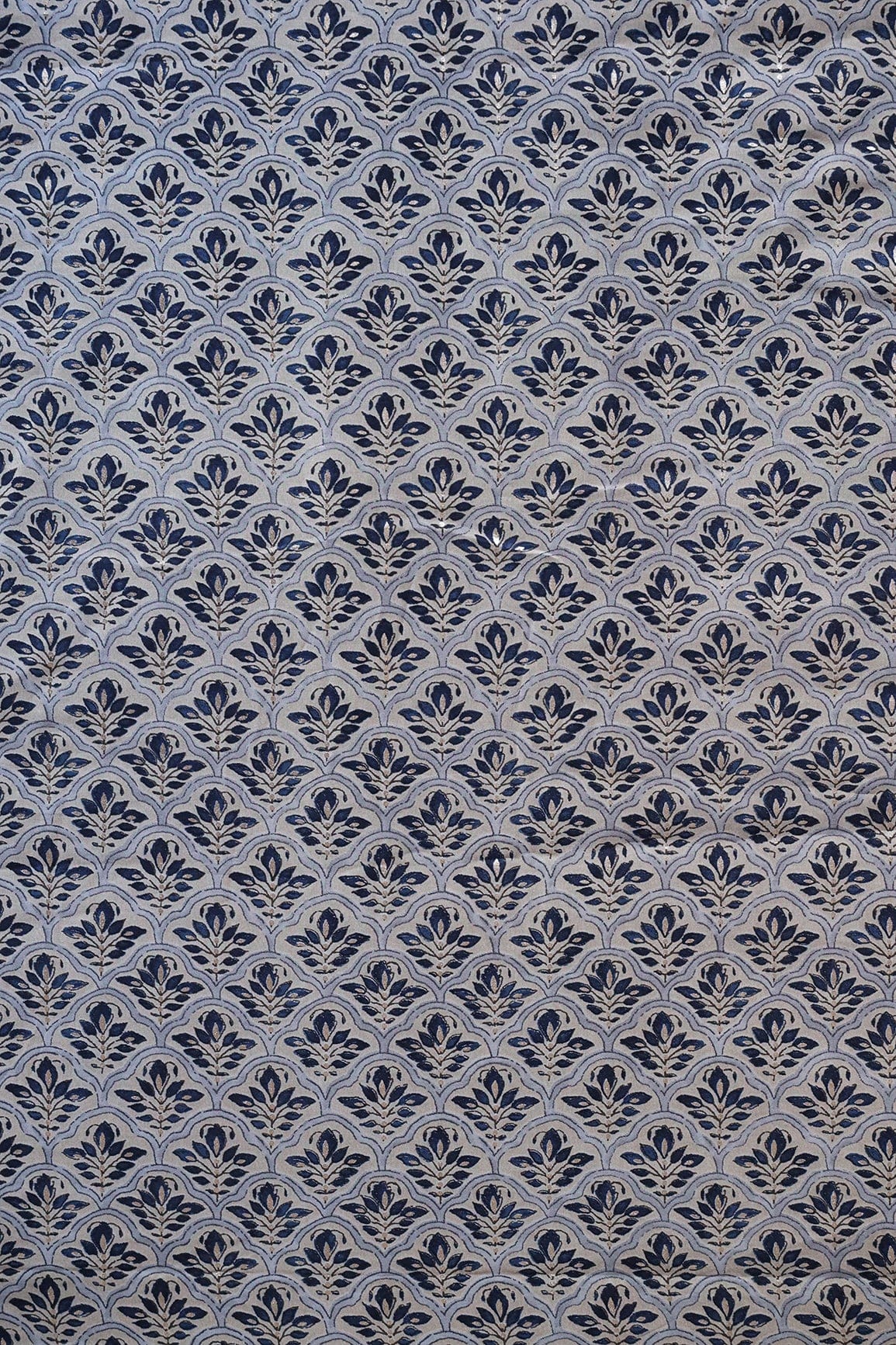 doeraa Prints Grey And Blue Trellis Pattern Foil Screen Print On Chanderi Silk Fabric