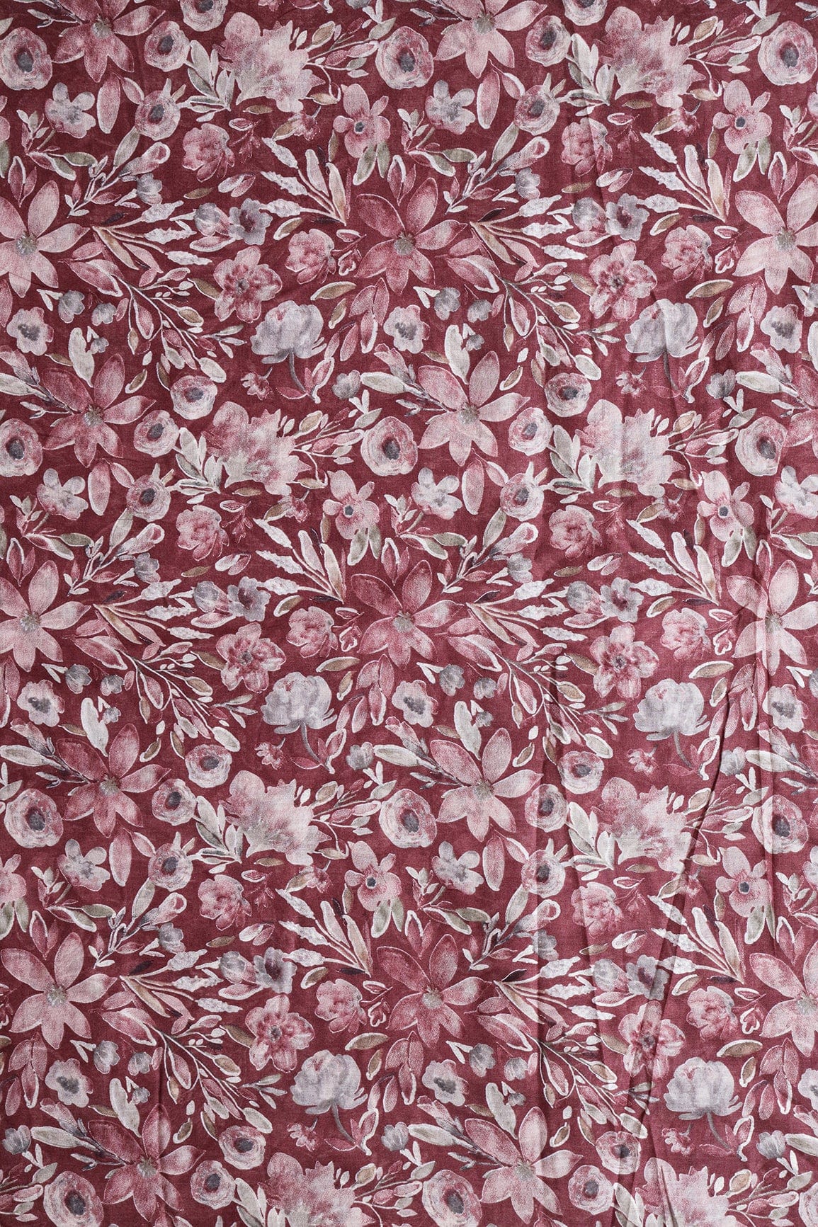doeraa Prints Grey And Light Maroon Floral Foil Print On Maroon Pure Mul Cotton Fabric