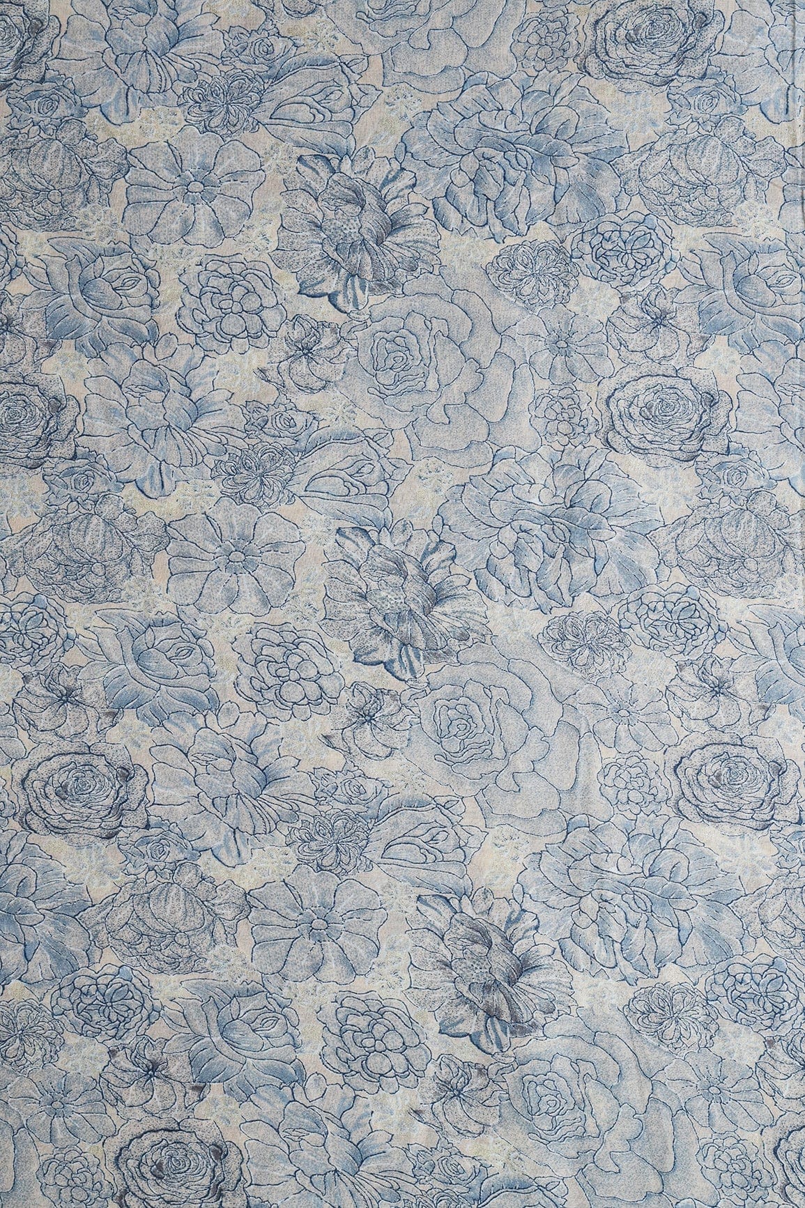 doeraa Prints Grey And Navy Blue Floral Foil Print On Beige Pure Mul Cotton Fabric