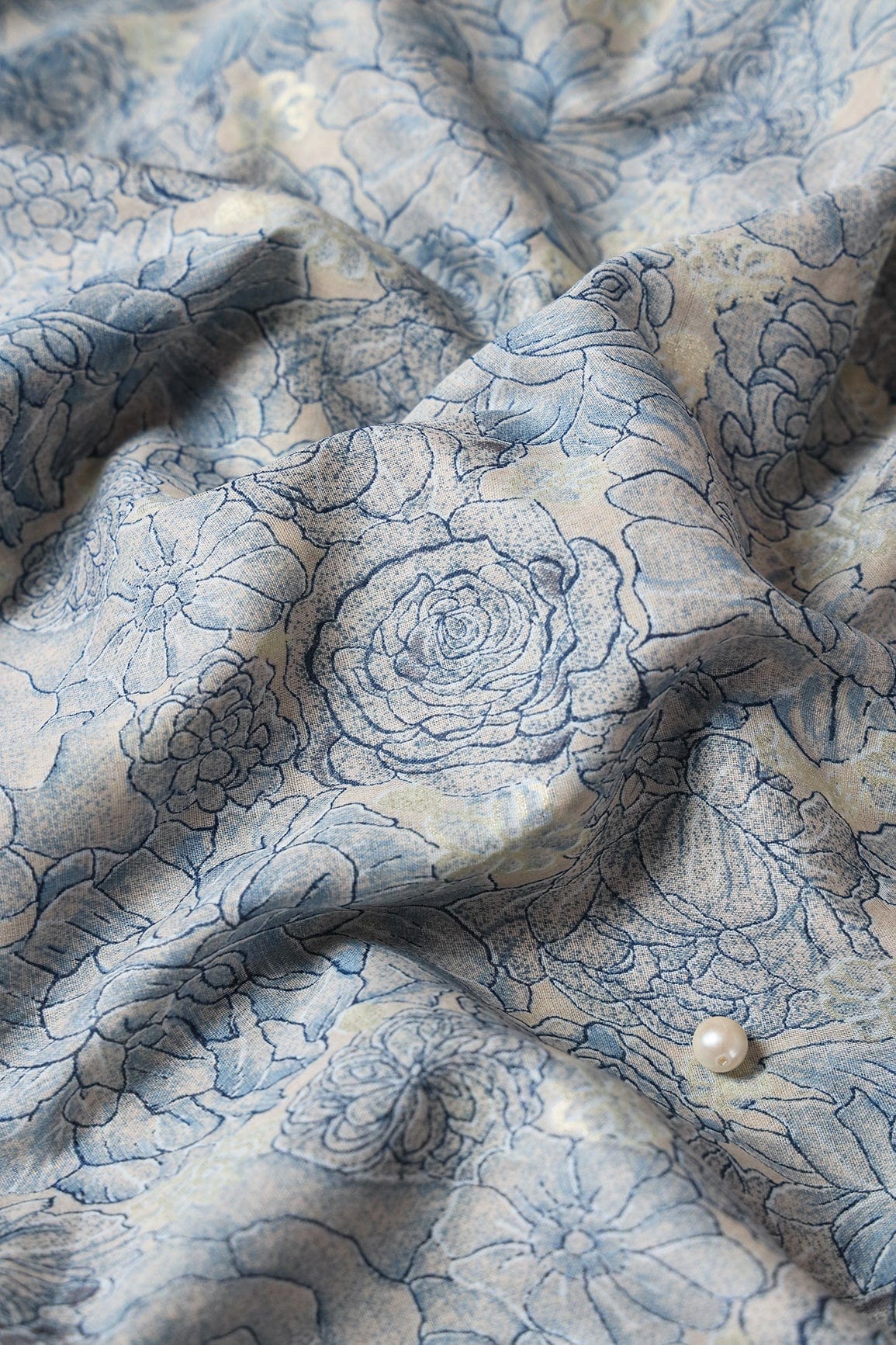 doeraa Prints Grey And Navy Blue Floral Foil Print On Beige Pure Mul Cotton Fabric