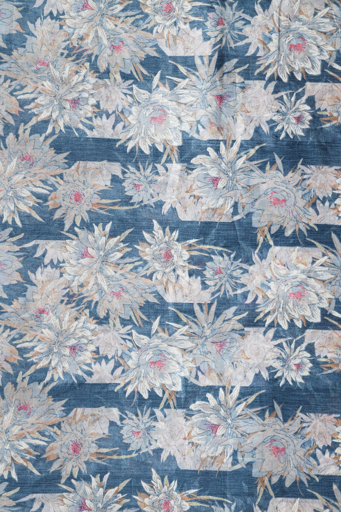 doeraa Prints Grey And White Floral Foil Print On Blue Pure Mul Cotton Fabric