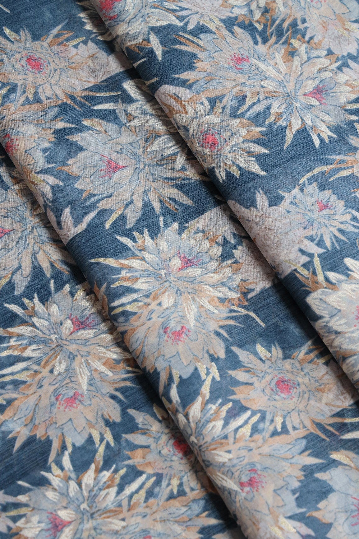 doeraa Prints Grey And White Floral Foil Print On Blue Pure Mul Cotton Fabric