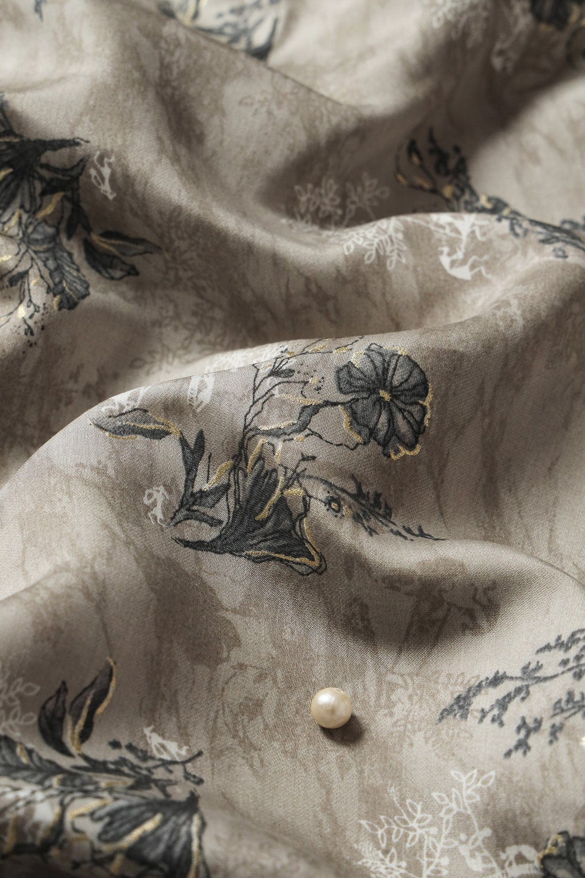 doeraa Prints Grey And White Floral Print On Pure Chanderi Silk Fabric