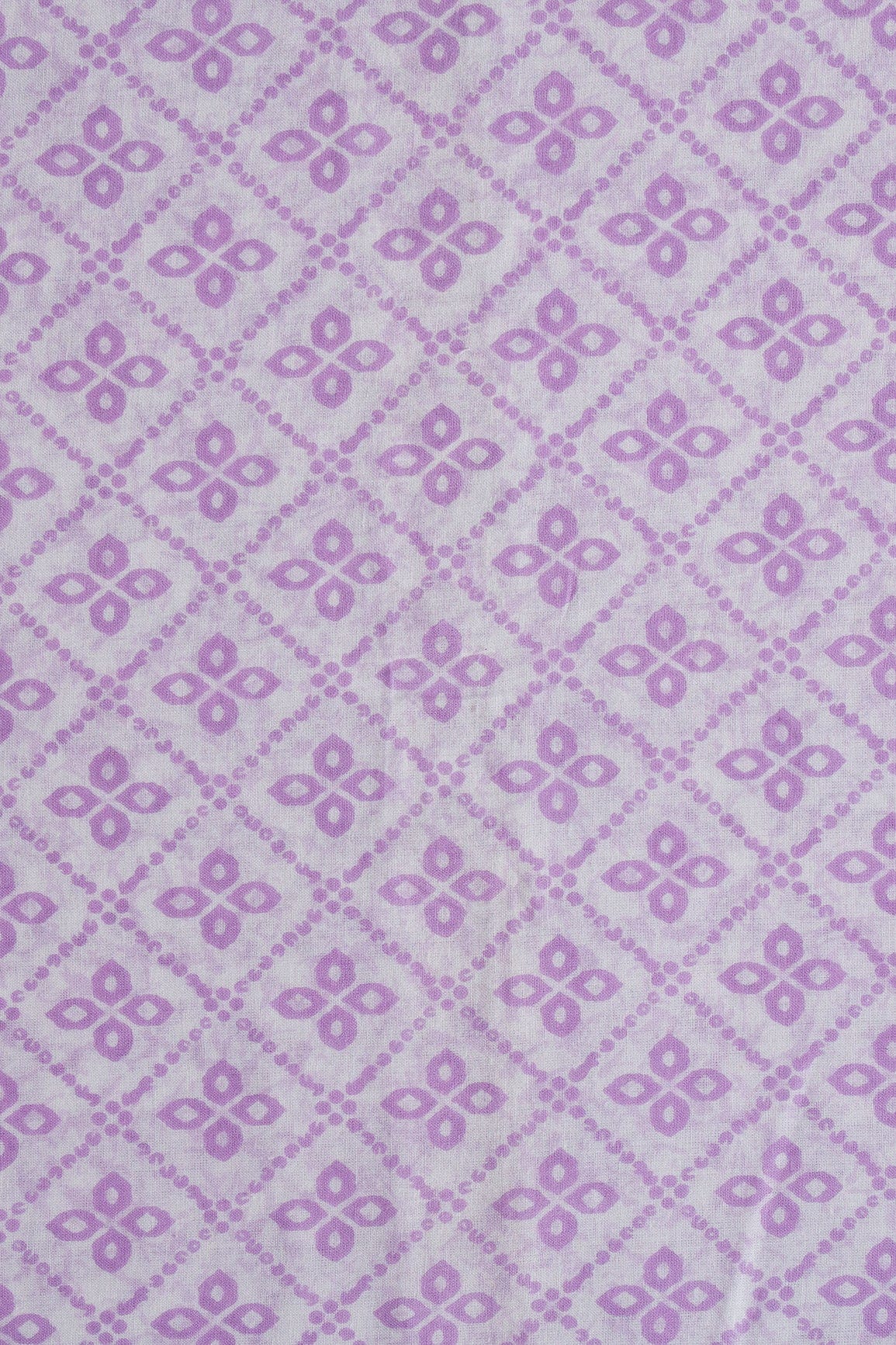 doeraa Prints Lavender Geometric Print On White Pure Cotton Fabric