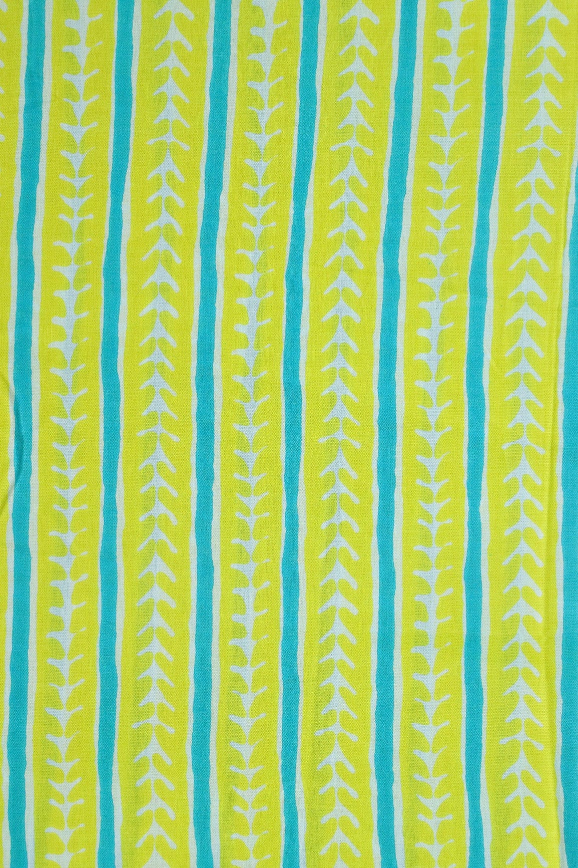 doeraa Prints Lemon Green And Turquoise Blue Stripes Print On Pure Mul Cotton Fabric