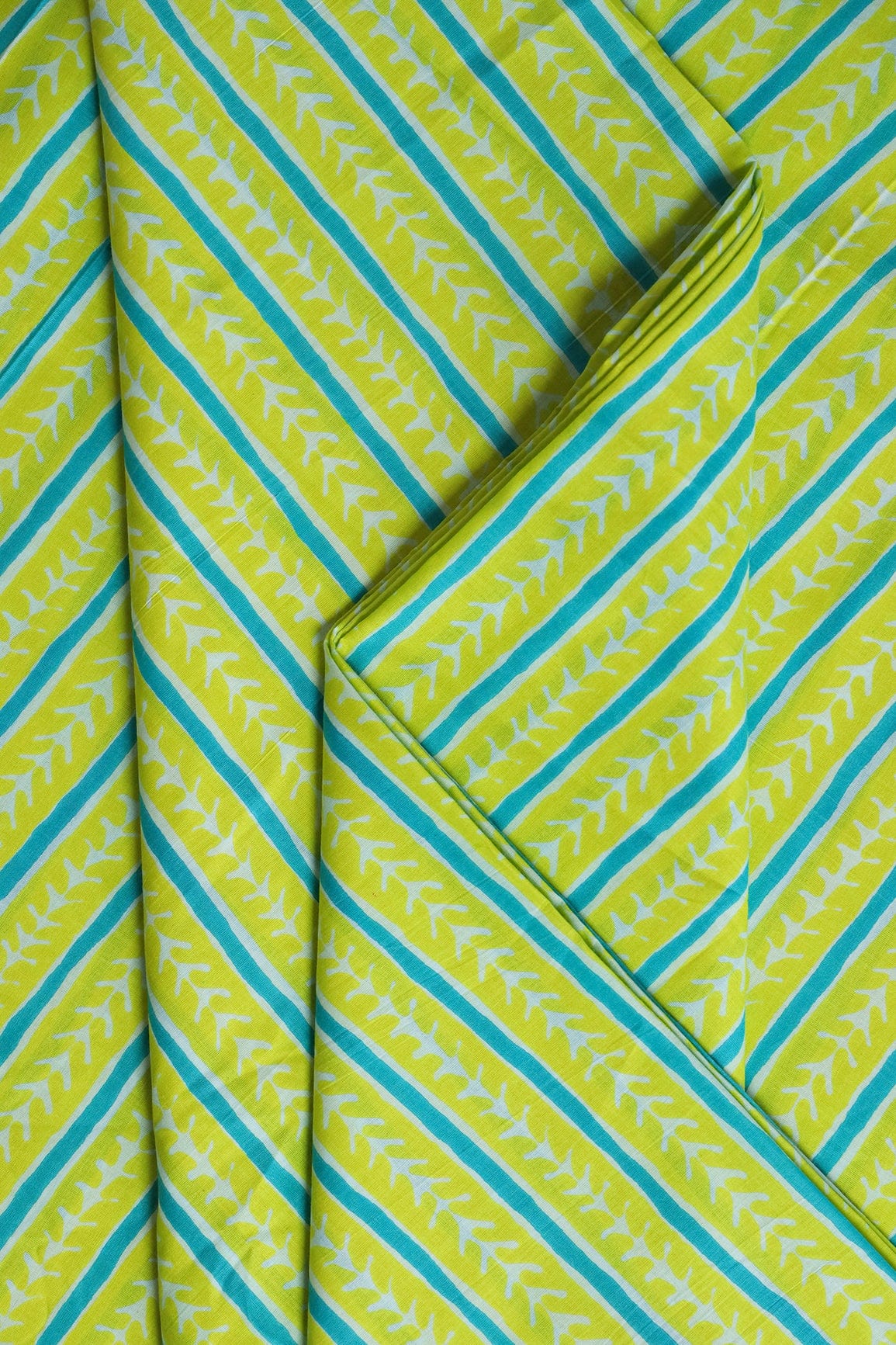 doeraa Prints Lemon Green And Turquoise Blue Stripes Print On Pure Mul Cotton Fabric