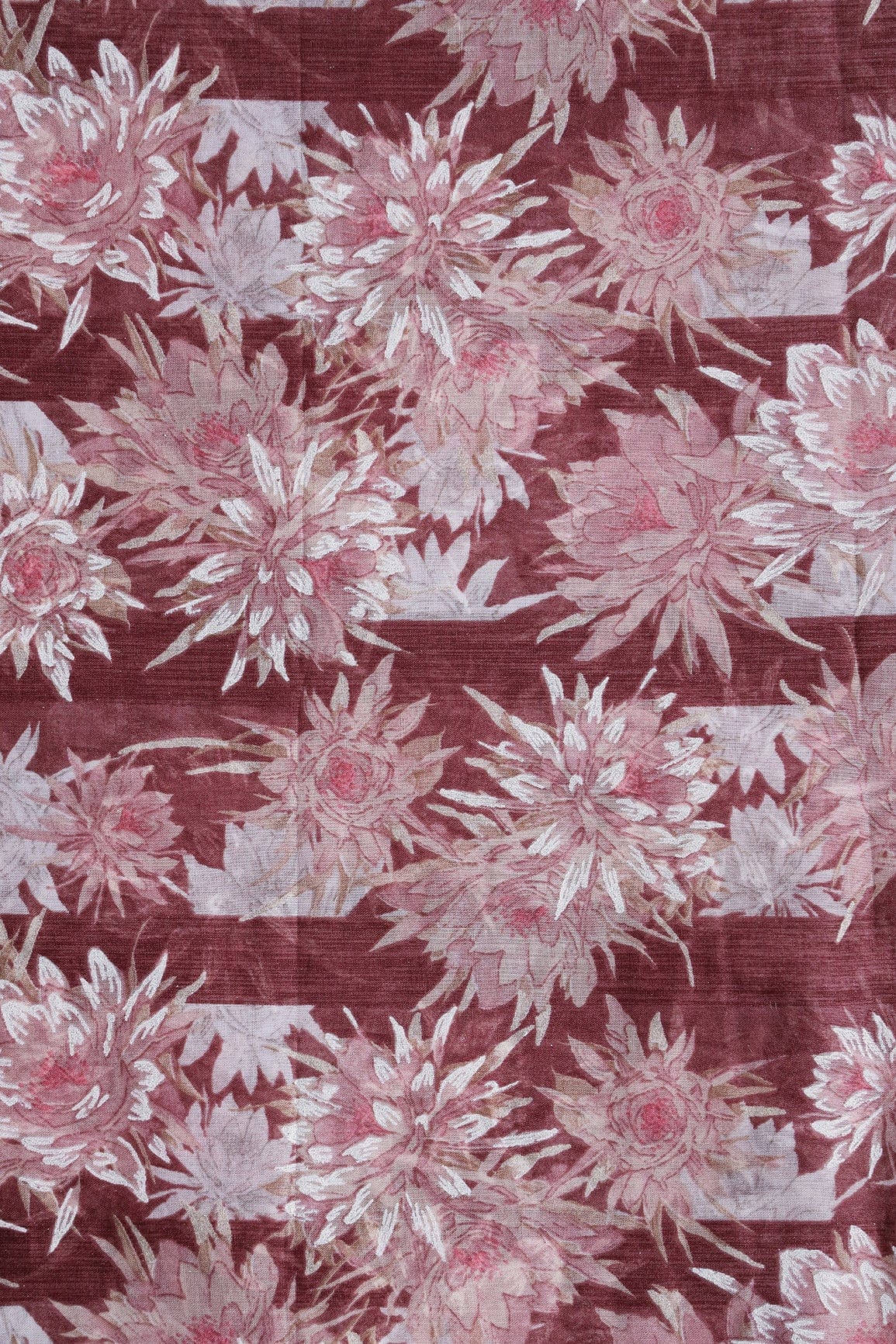doeraa Prints Light Pink And White Floral Foil Print On Maroon Pure Mul Cotton Fabric