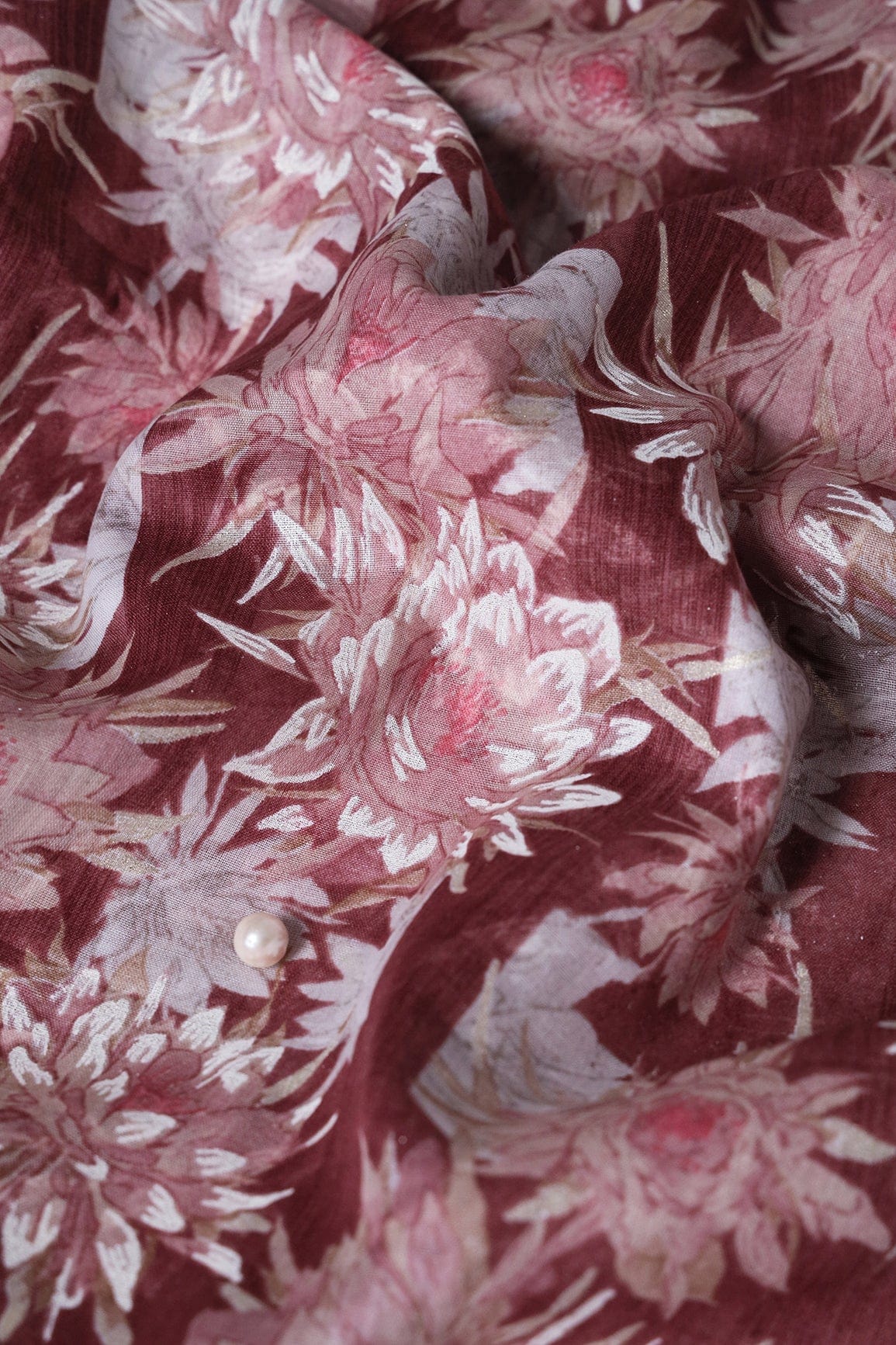 doeraa Prints Light Pink And White Floral Foil Print On Maroon Pure Mul Cotton Fabric