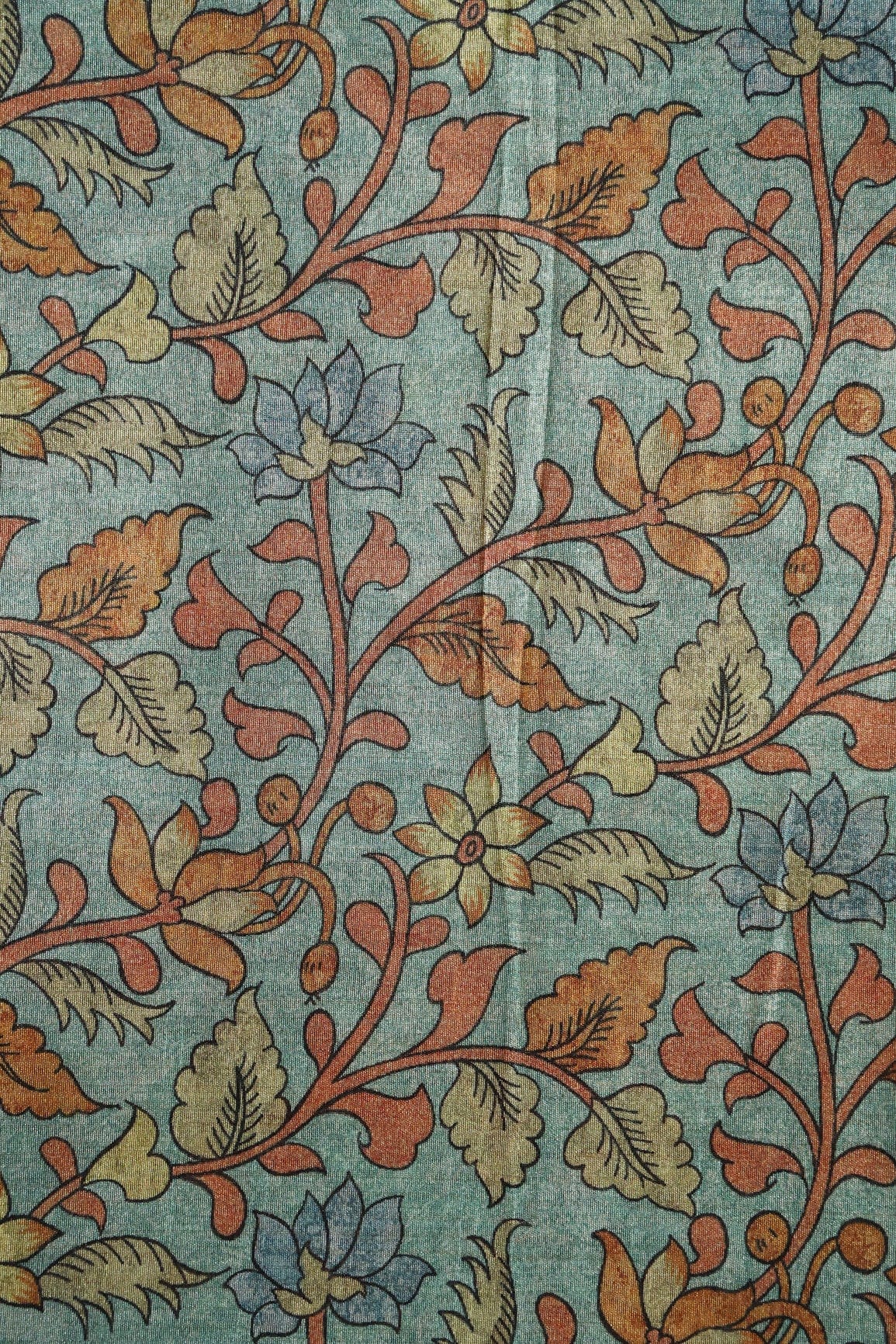 doeraa Prints Light Teal Floral Pattern Digital Print On Mulberry Silk Fabric