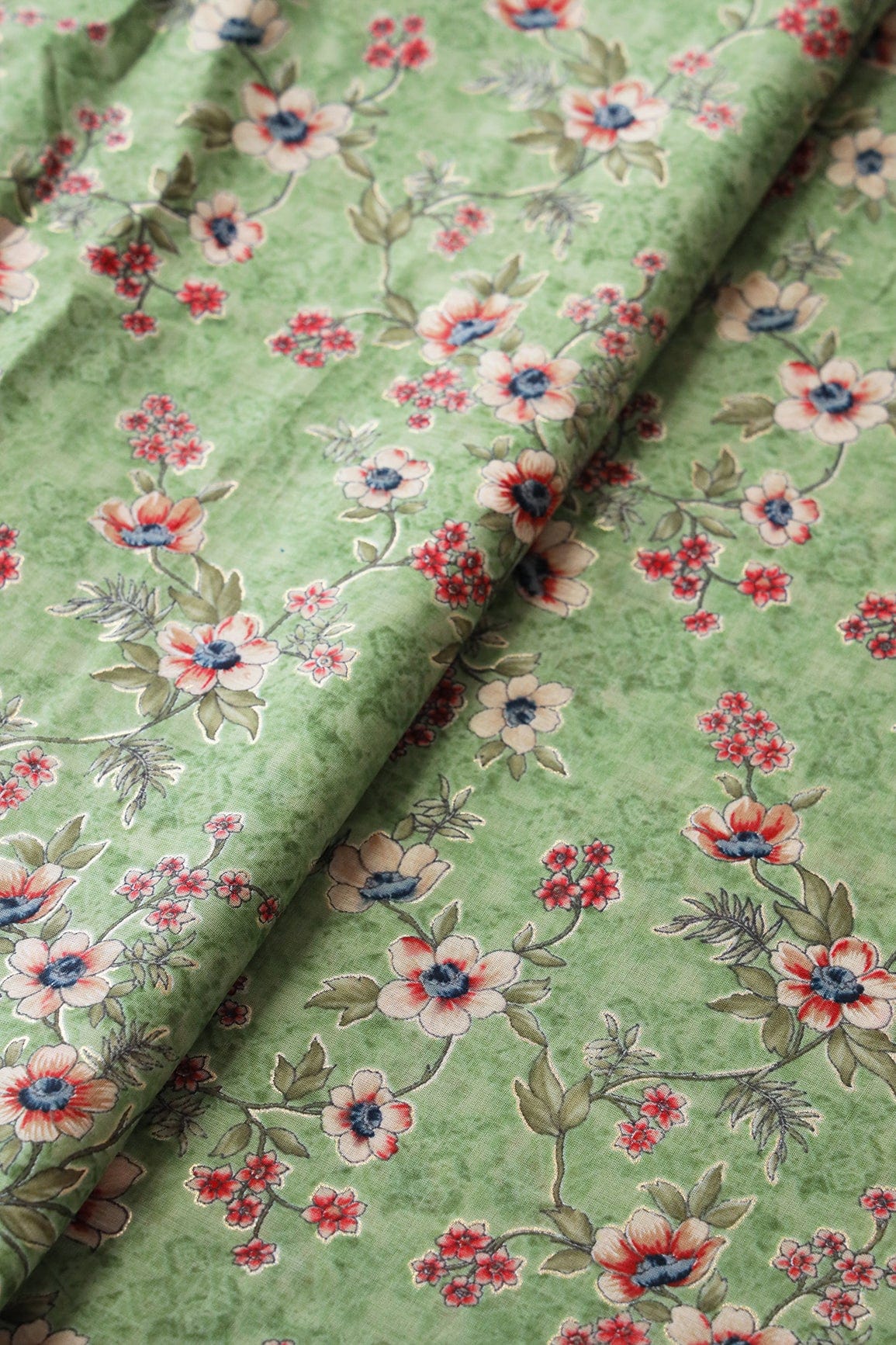 doeraa Prints Mint Green And Beige Color Floral Foil Print On Pure Mul Cotton Fabric