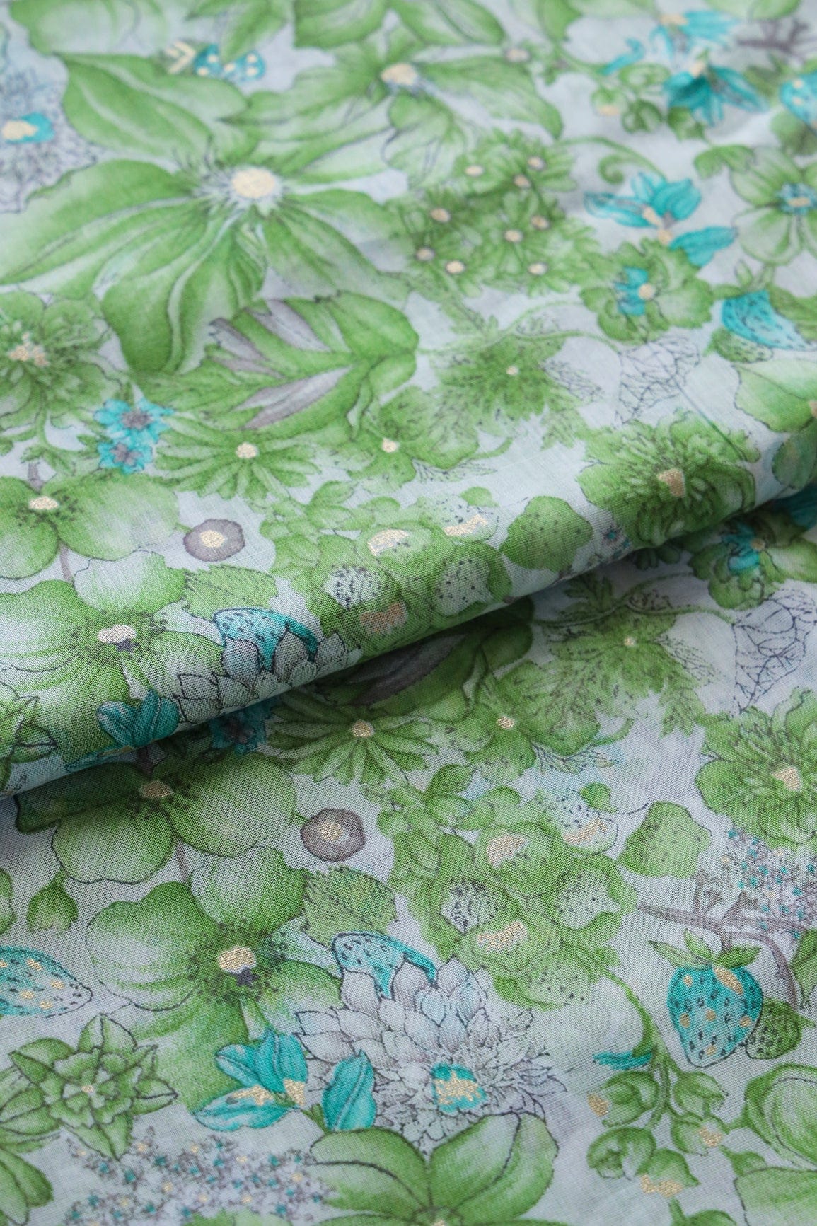 doeraa Prints Mint Green Floral With Foil Print On White Pure Mul Cotton Fabric