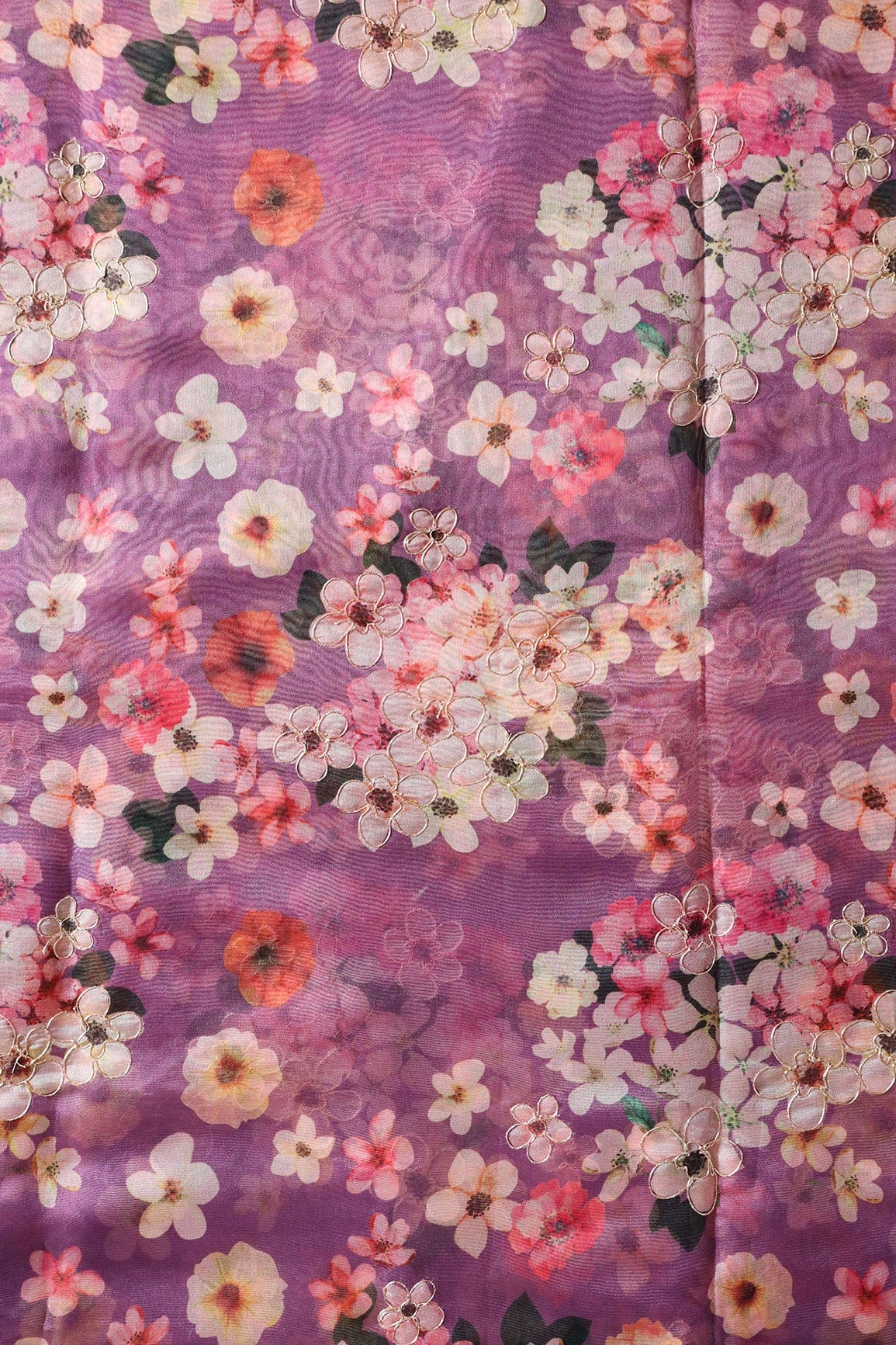 doeraa Prints Multi Color Floral Digital Print With Gold Zari Work On Purple Organza Fabric