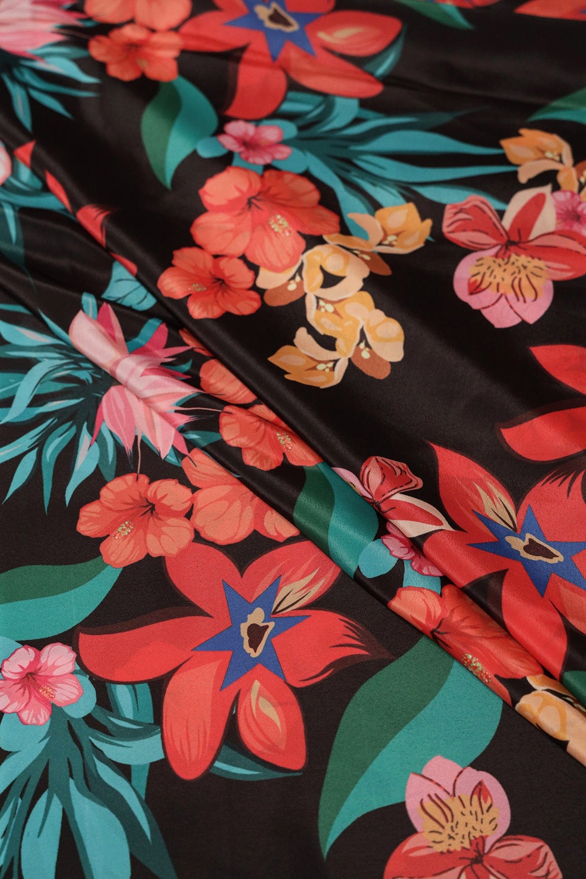 doeraa Prints Multi Color Floral Pattern Digital Print On Black Malai Crepe Fabric