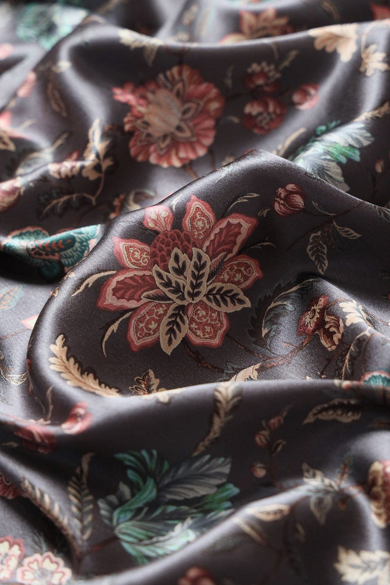 Multi Color Floral Pattern Digital Print On Dark Grey Satin Fabric