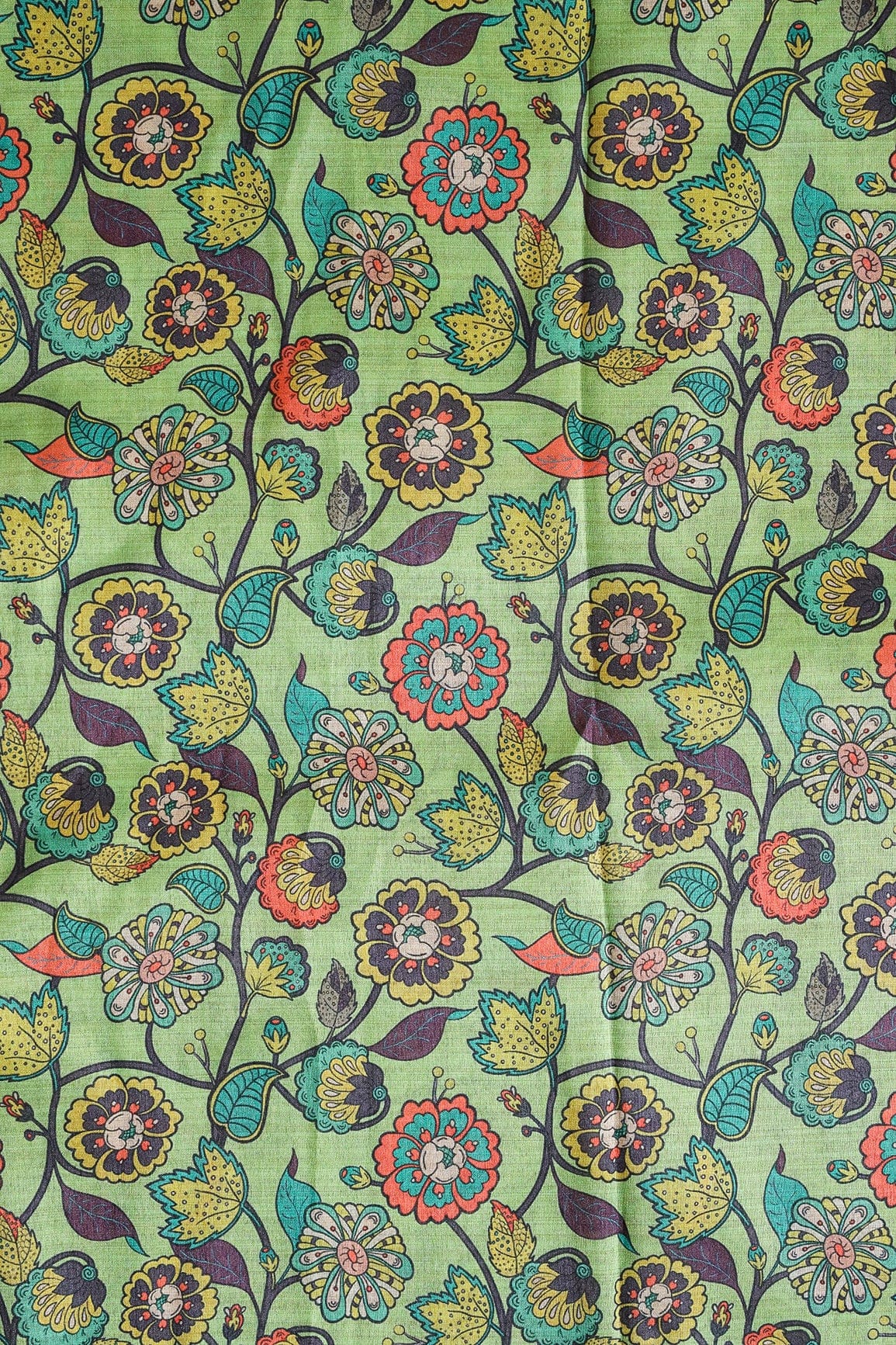 doeraa Prints Multi Color Floral Pattern Digital Print On Kelly Green Mulberry Silk Fabric