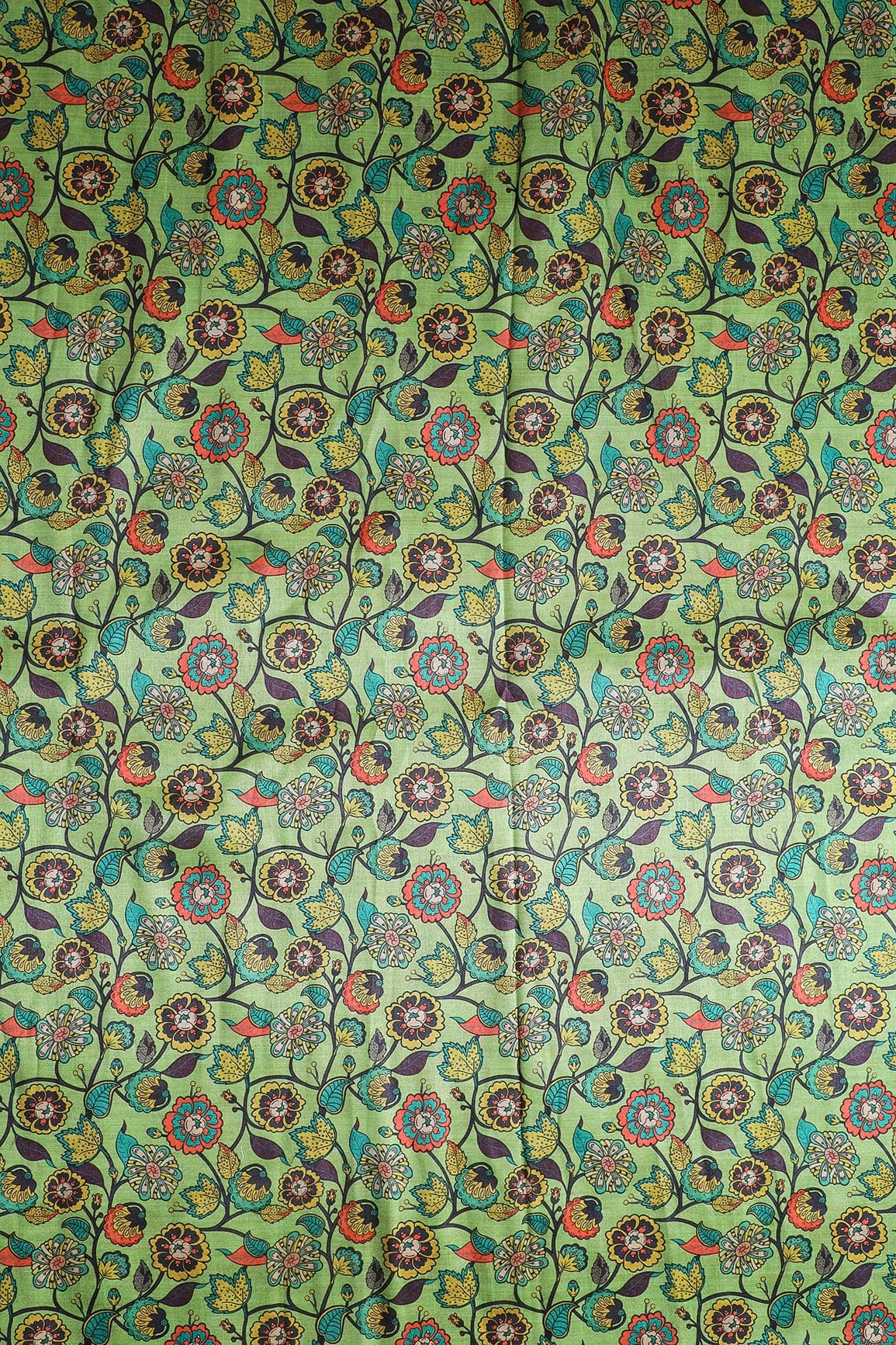 doeraa Prints Multi Color Floral Pattern Digital Print On Kelly Green Mulberry Silk Fabric