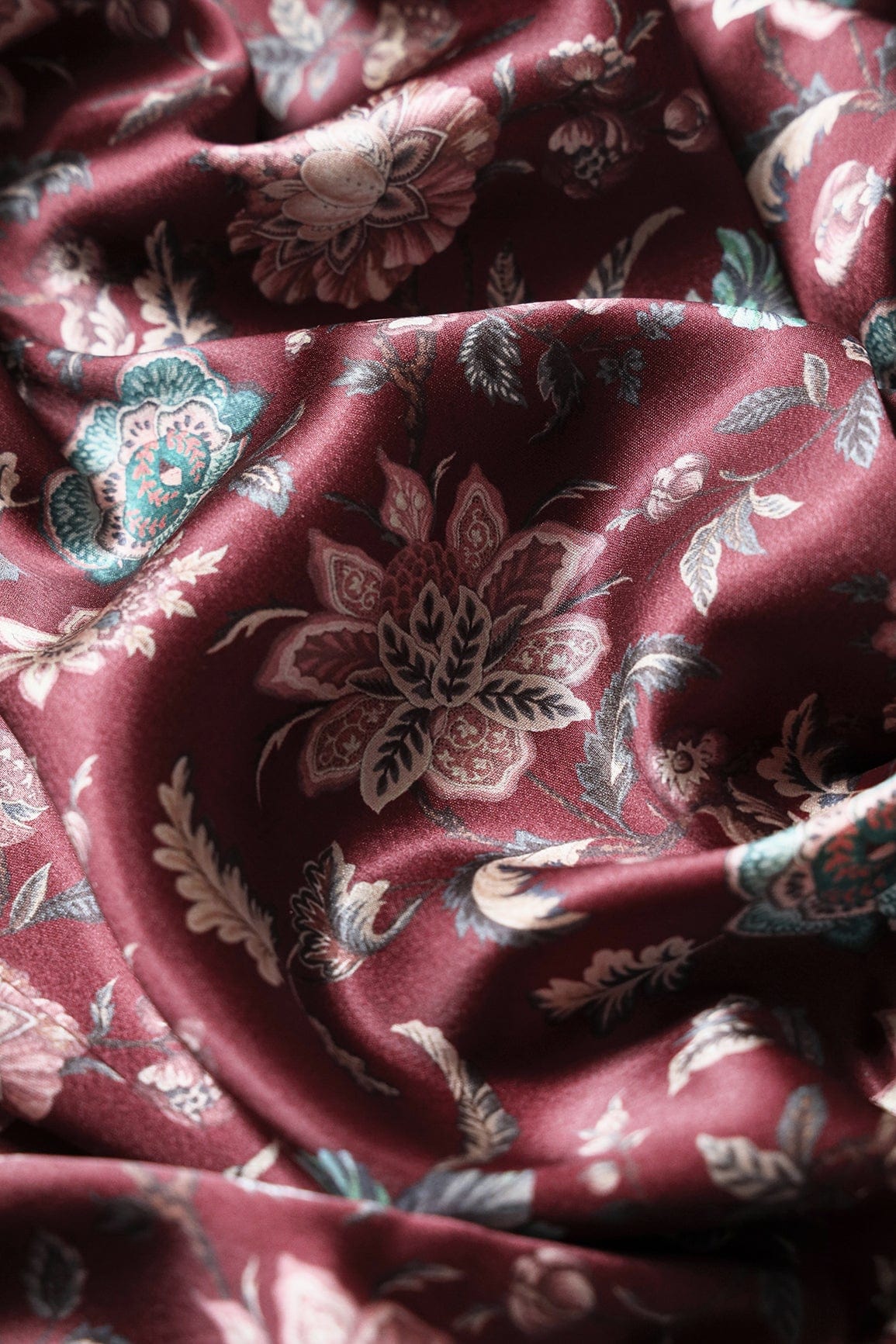 doeraa Prints Multi Color Floral Pattern Digital Print On Maroon Satin Fabric
