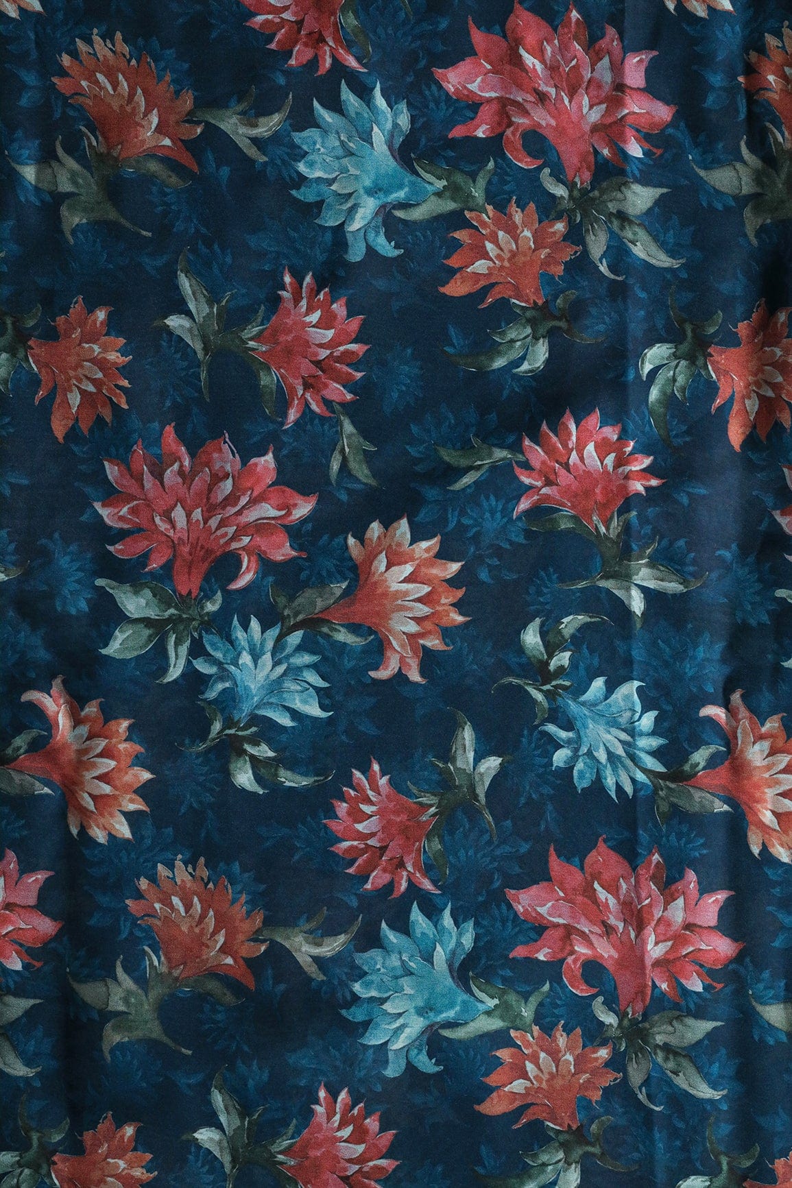 doeraa Prints Multi Color Floral Pattern Digital Print On Prussian Blue Color Georgette Satin Fabric