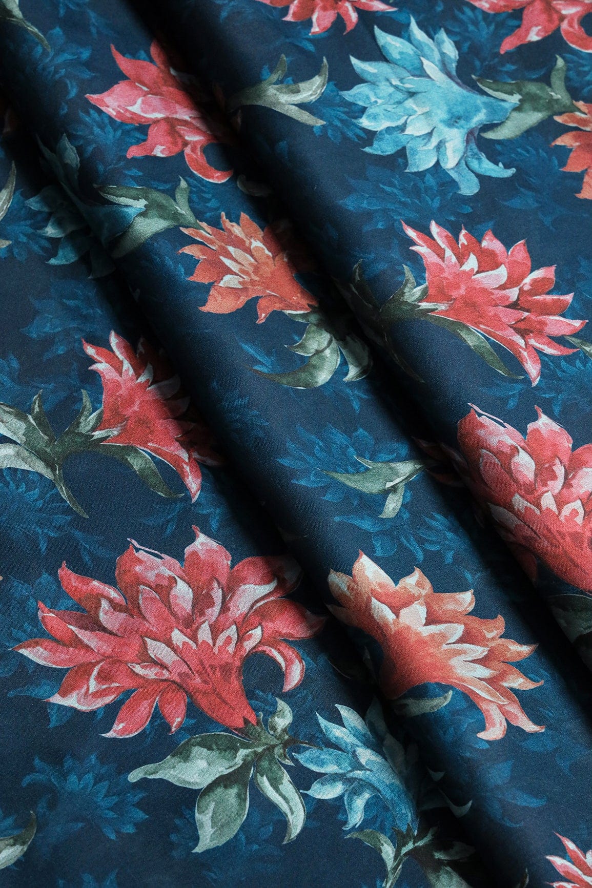 doeraa Prints Multi Color Floral Pattern Digital Print On Prussian Blue Color Georgette Satin Fabric