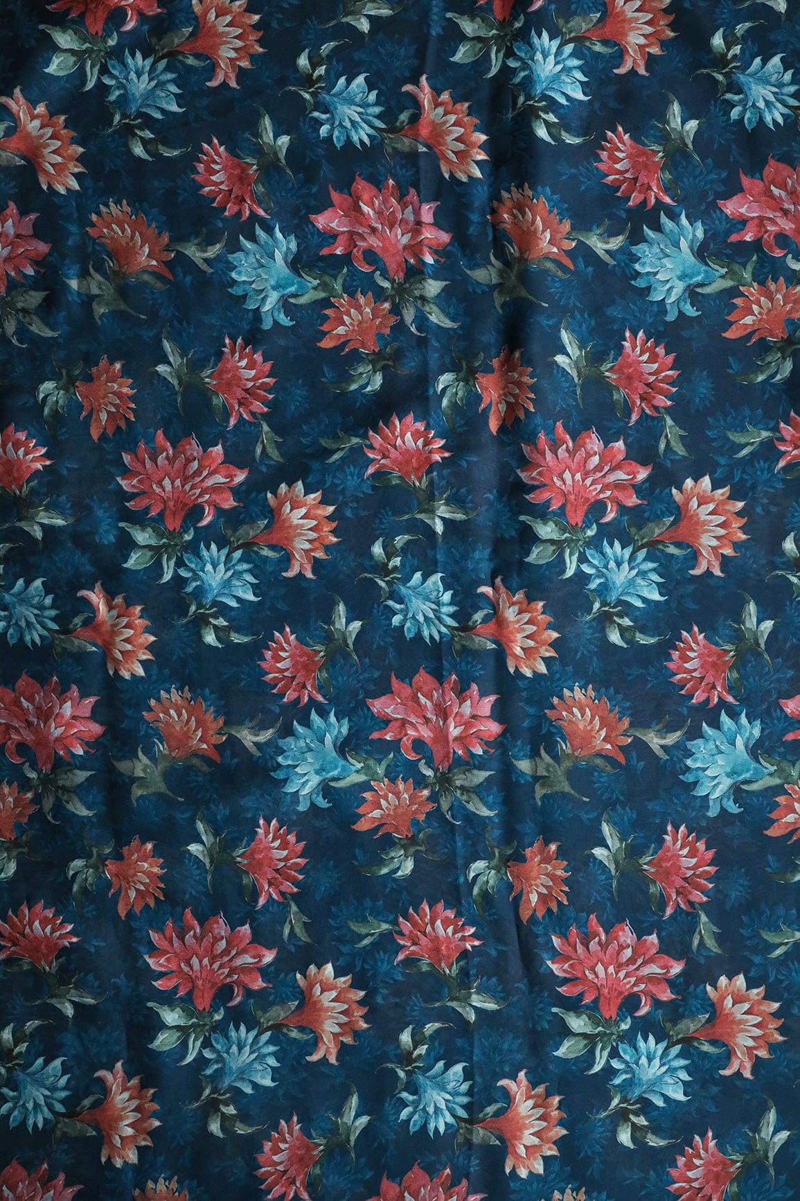 doeraa Prints Multi Color Floral Pattern Digital Print On Prussian Blue Color Georgette Satin Fabric