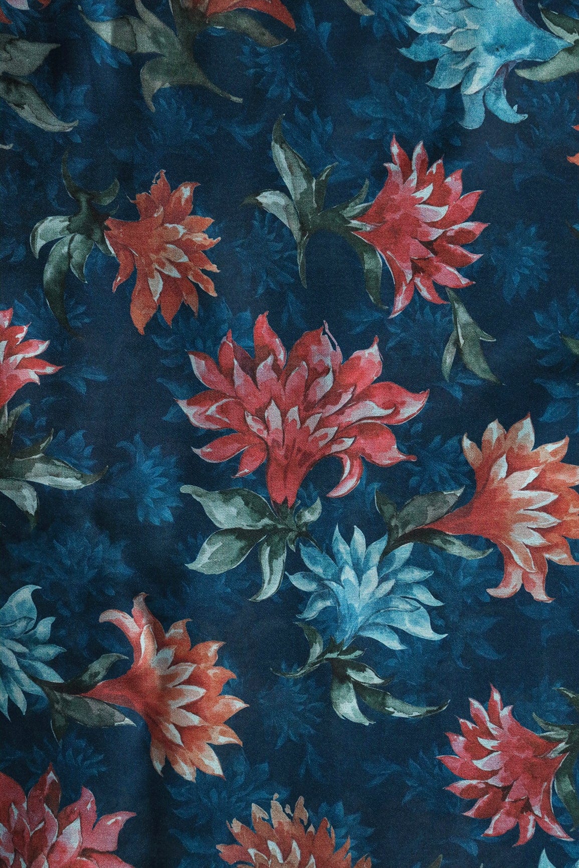 doeraa Prints Multi Color Floral Pattern Digital Print On Prussian Blue Color Georgette Satin Fabric