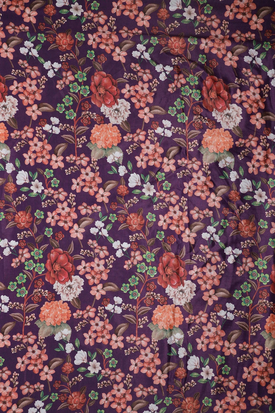 doeraa Prints Multi Color Floral Pattern Digital Print On Purple Malai Crepe Fabric