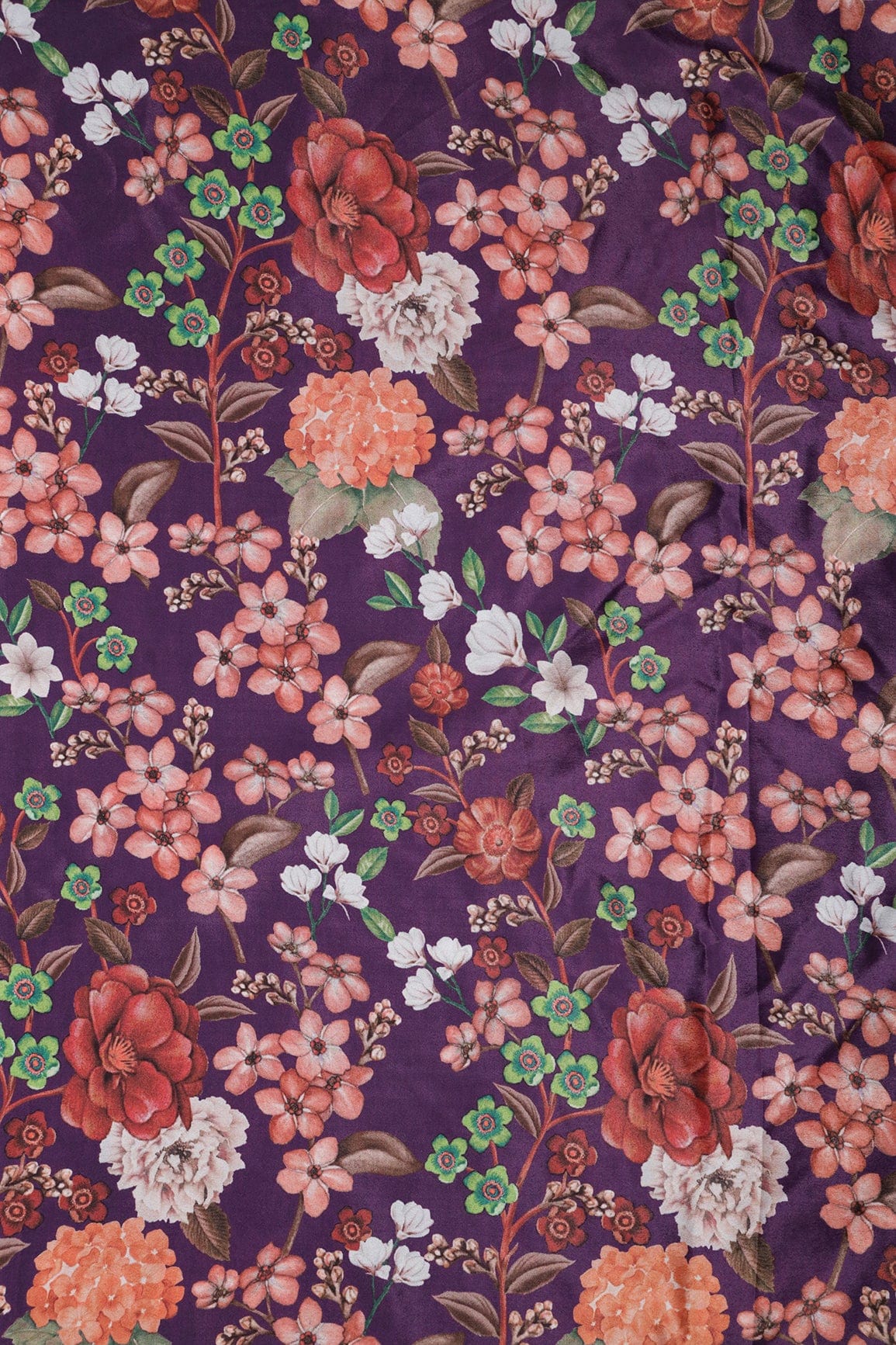 doeraa Prints Multi Color Floral Pattern Digital Print On Purple Malai Crepe Fabric