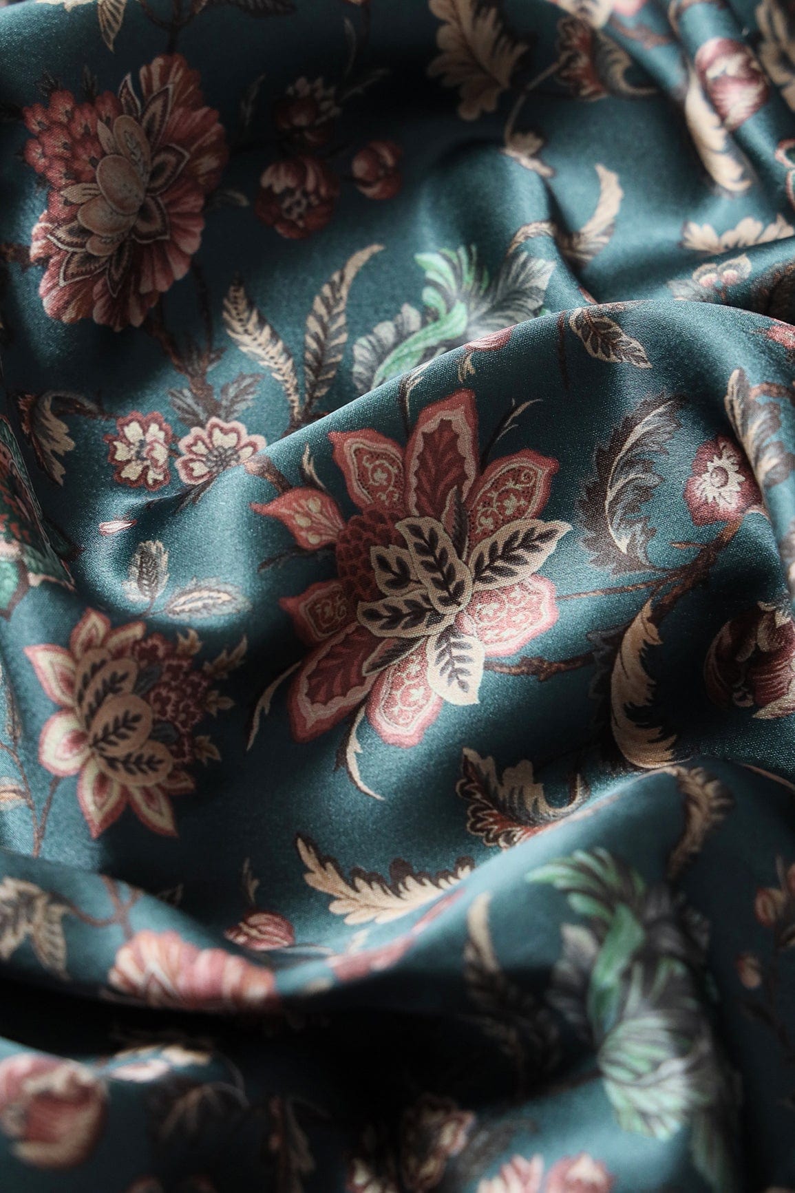 doeraa Prints Multi Color Floral Pattern Digital Print On Teal Blue Satin Fabric