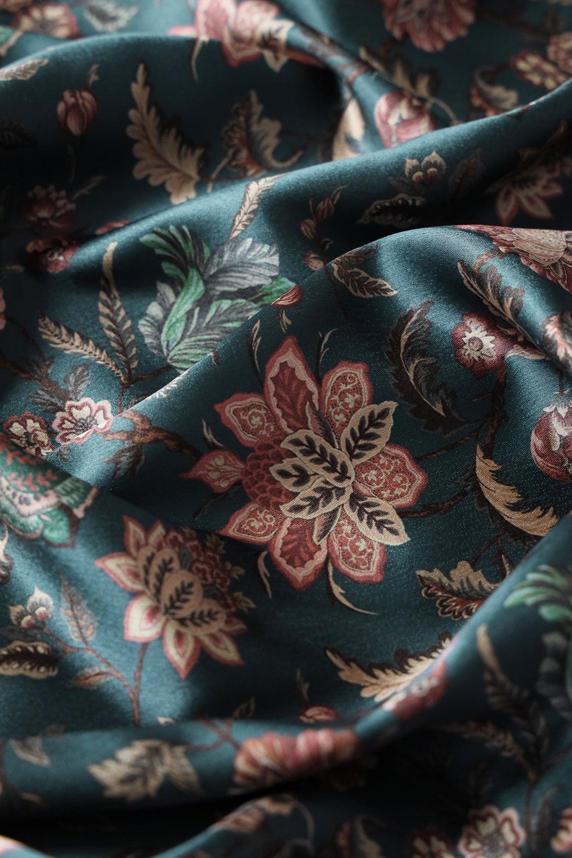 doeraa Prints Multi Color Floral Pattern Digital Print On Teal Blue Satin Fabric