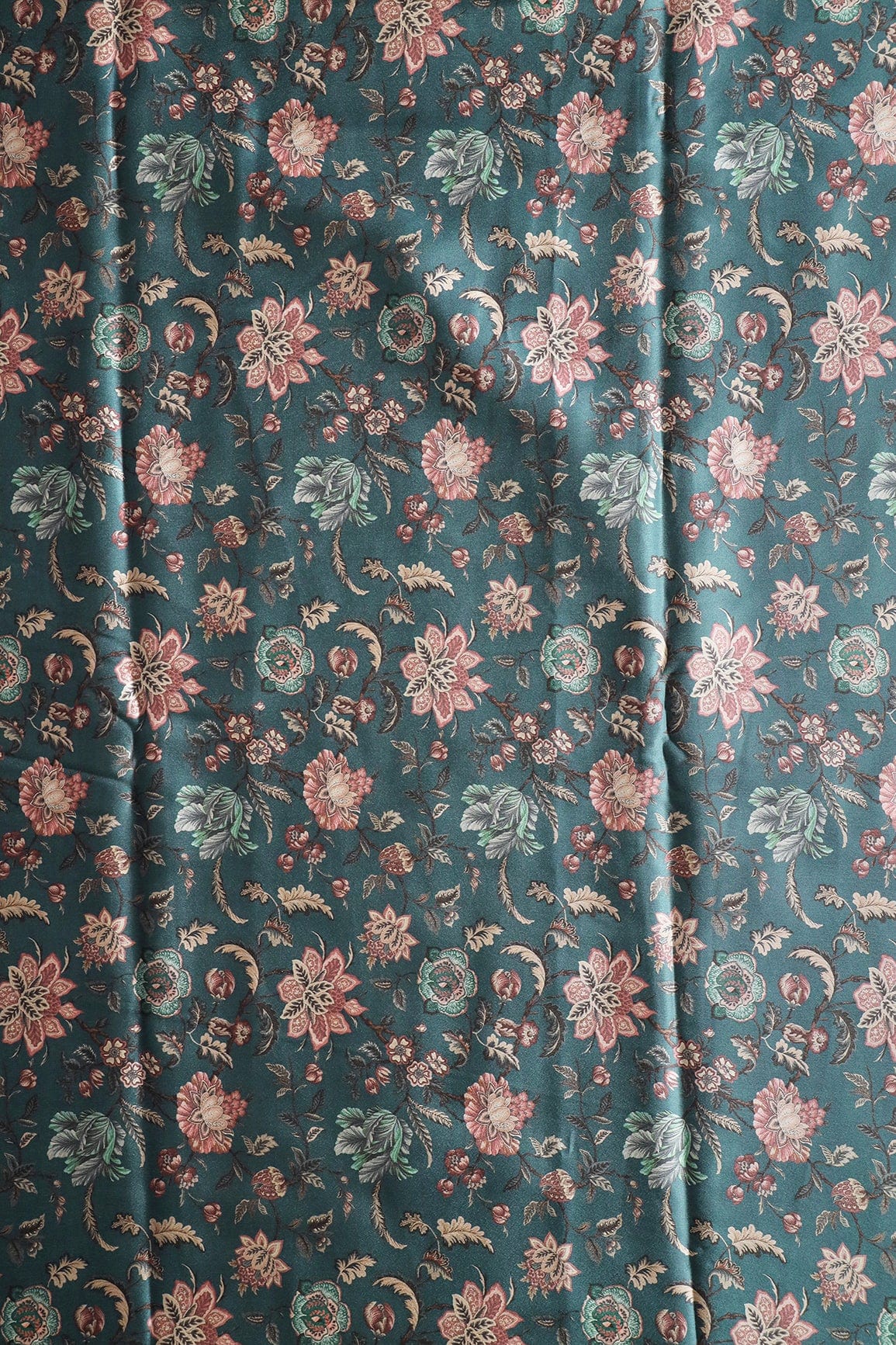 doeraa Prints Multi Color Floral Pattern Digital Print On Teal Blue Satin Fabric