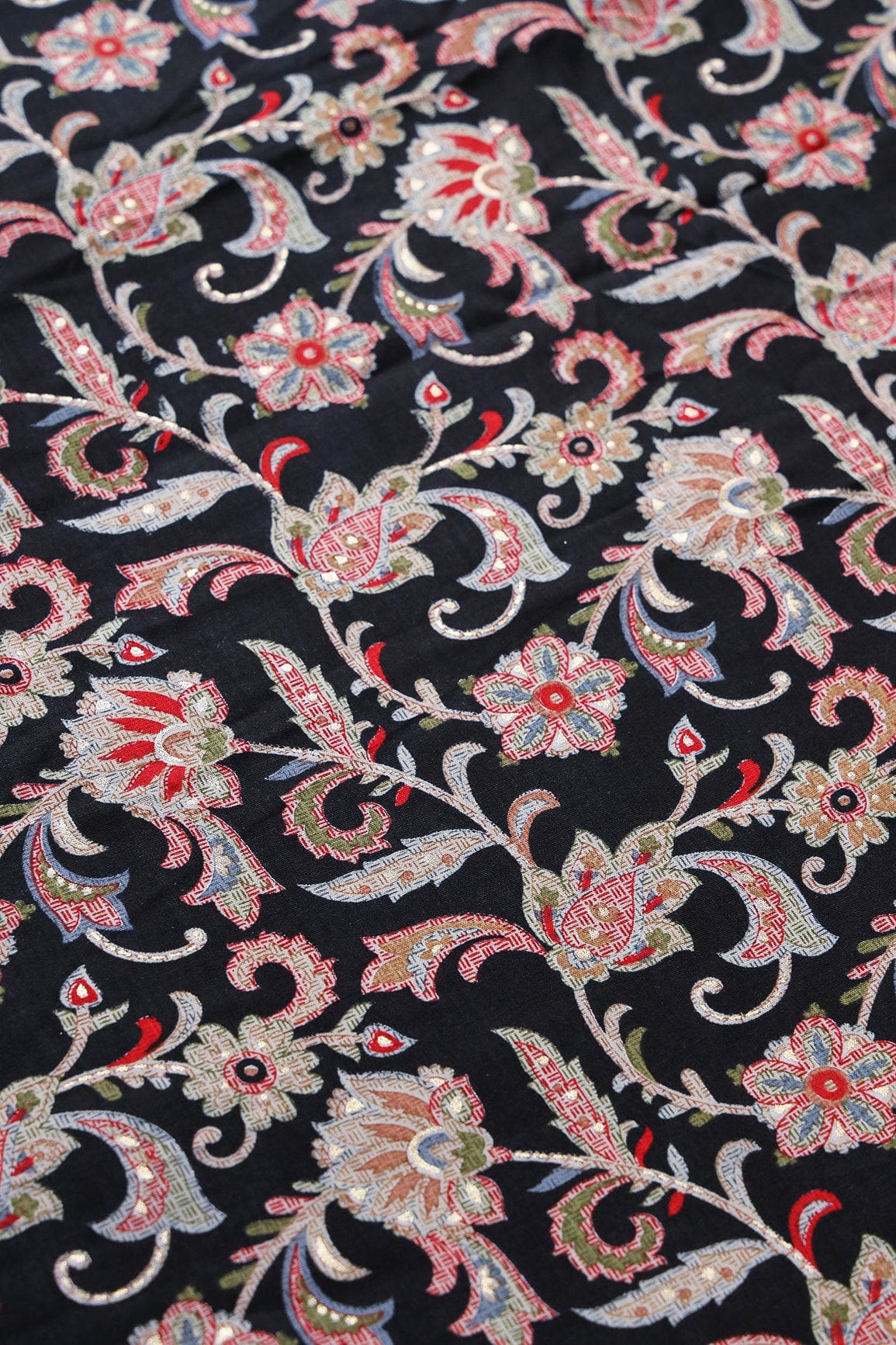 doeraa Prints Multi Color Floral Pattern With Foil Print On Black Rayon Fabric