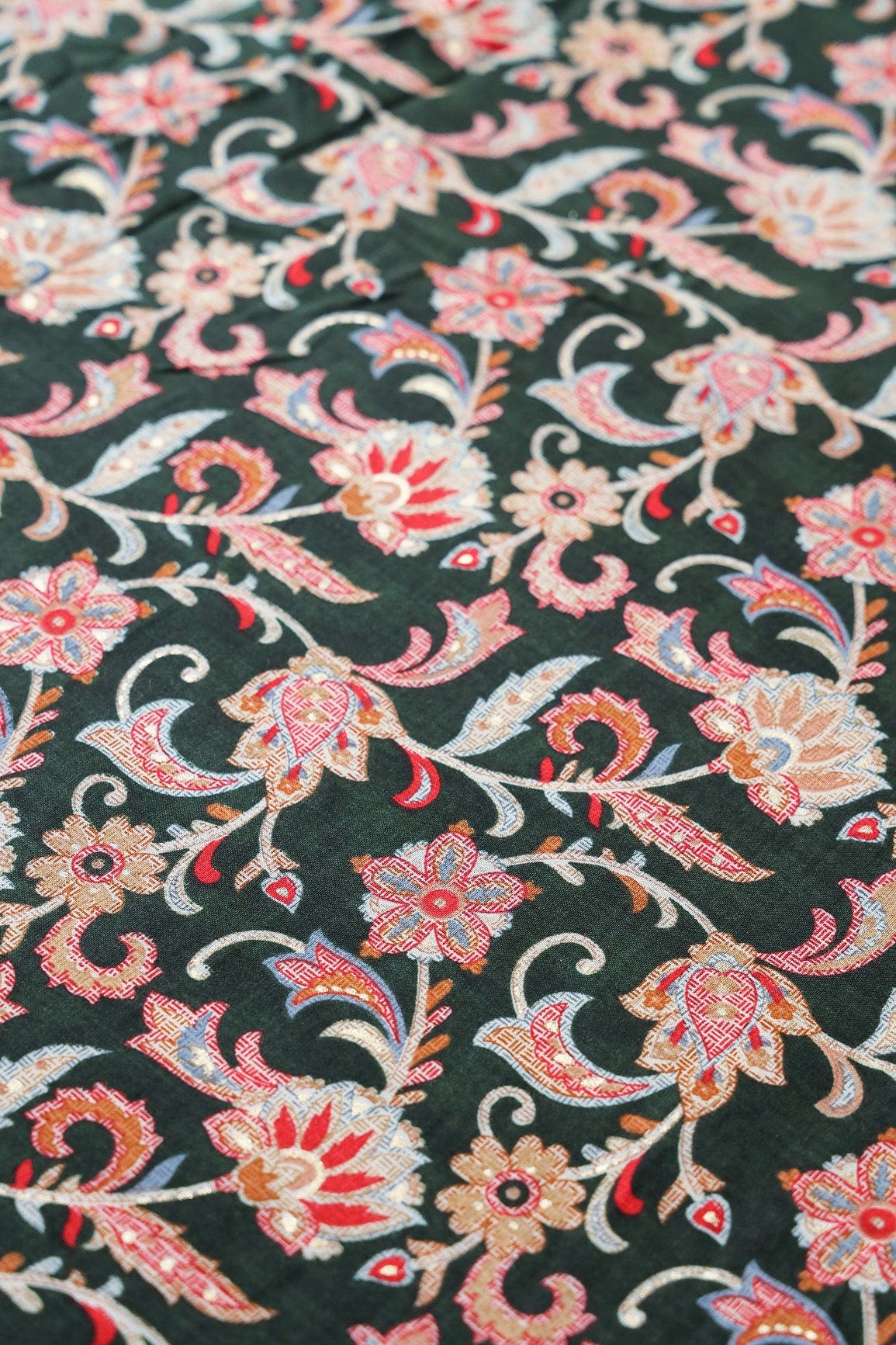 doeraa Prints Multi Color Floral Pattern With Foil Print On Bottle Green Rayon Fabric