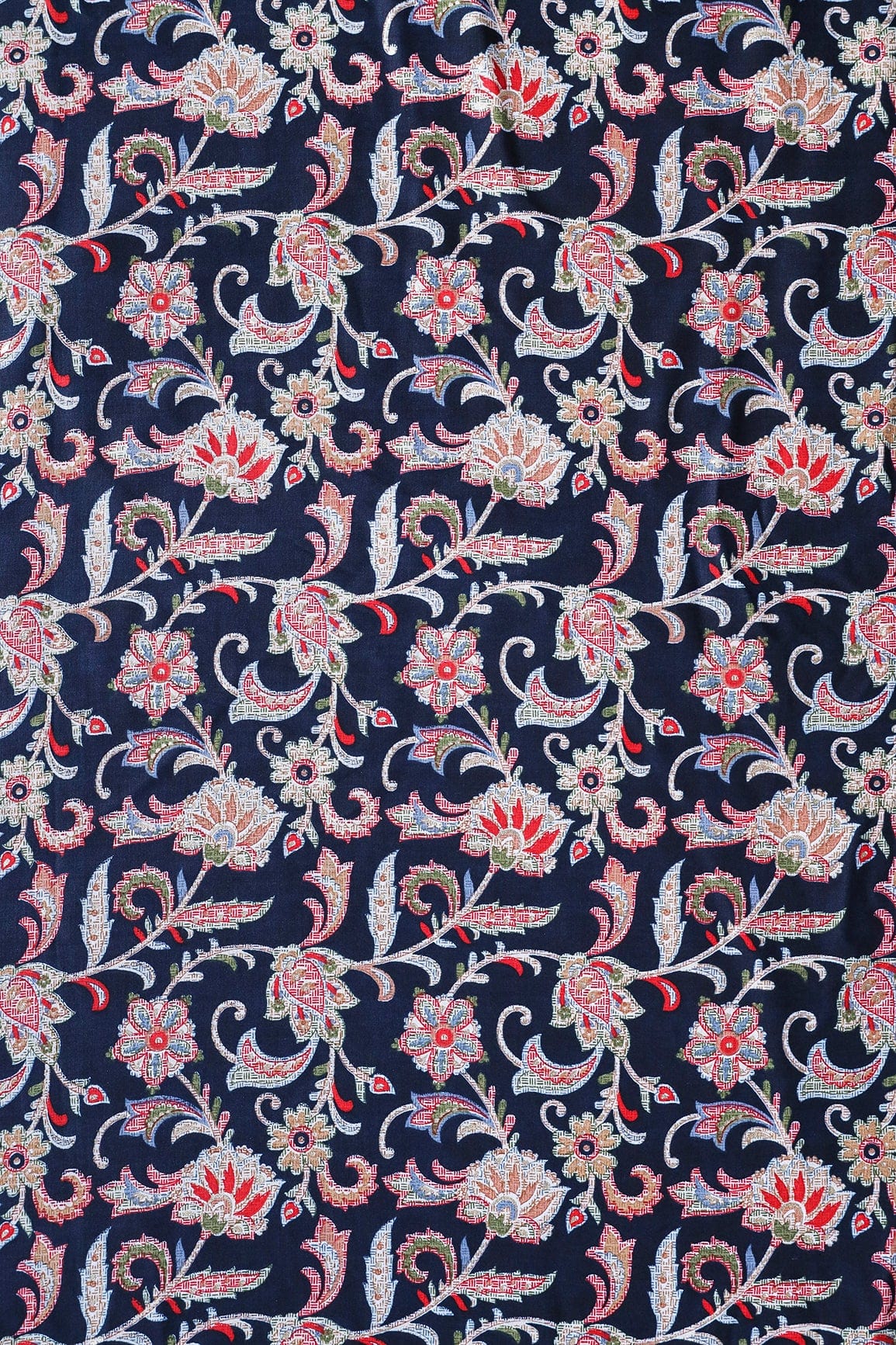 doeraa Prints Multi Color Floral Pattern With Foil Print On Navy Blue Rayon Fabric