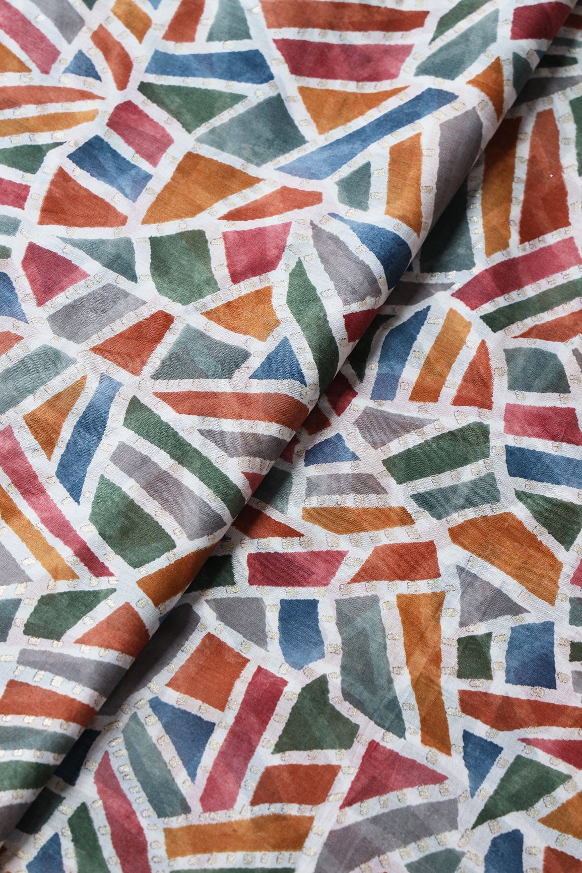 doeraa Prints Multi Color Geometric Pattern With Foil Print On White Pure Mul Cotton Fabric