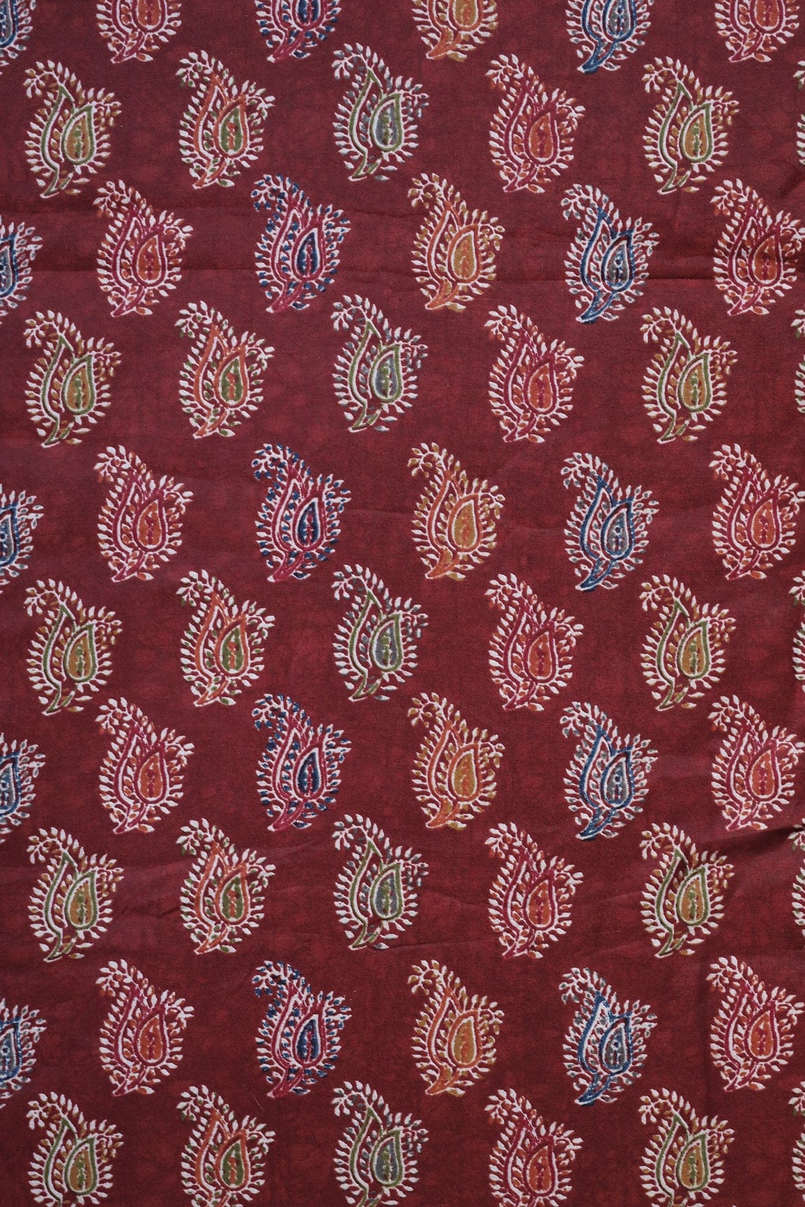doeraa Prints Multi Color Paisley Pattern Screen Print On Maroon Chanderi Silk Fabric