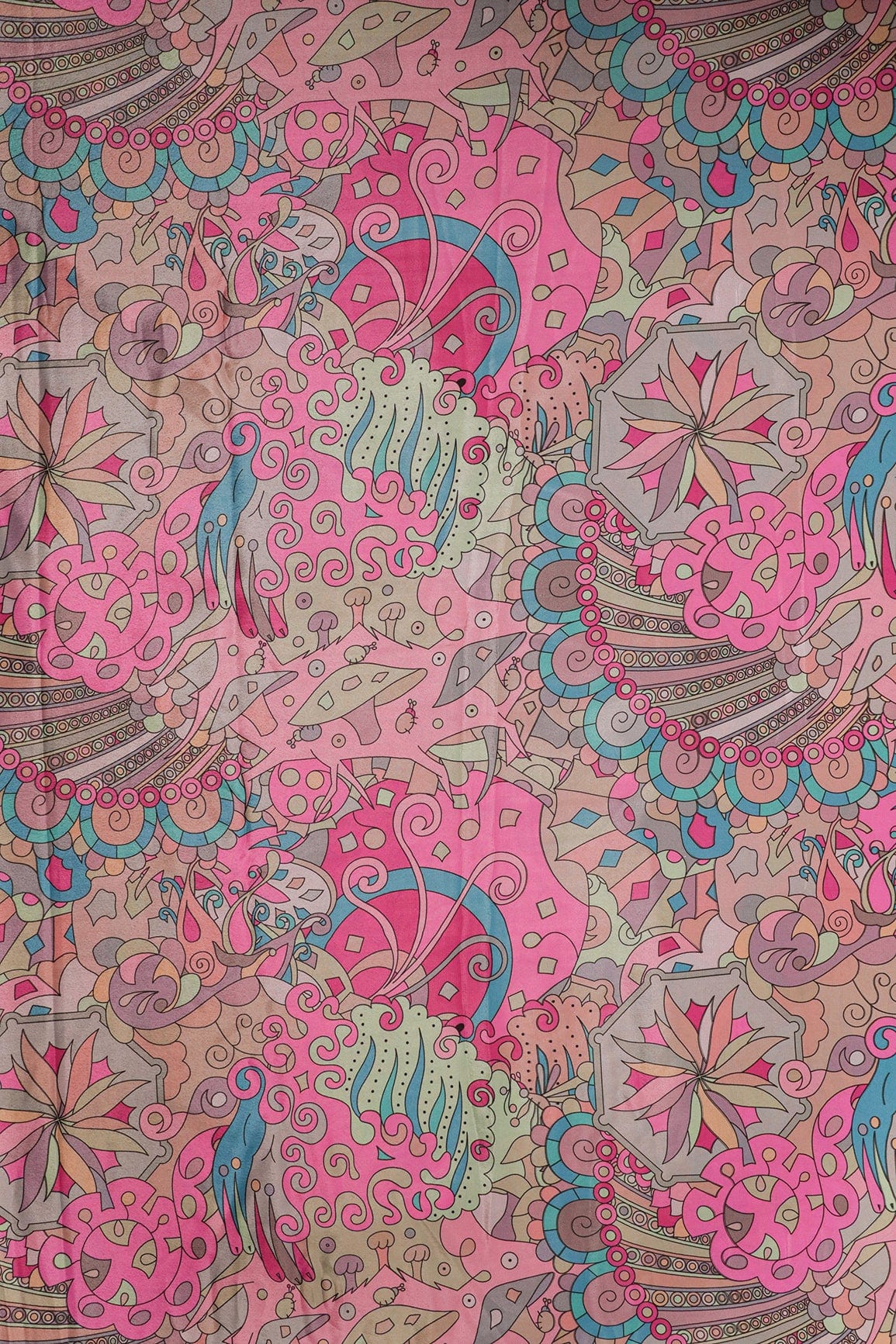 doeraa Prints Multi Color Quirky Pattern Digital Print On Pink Malai Crepe Fabric