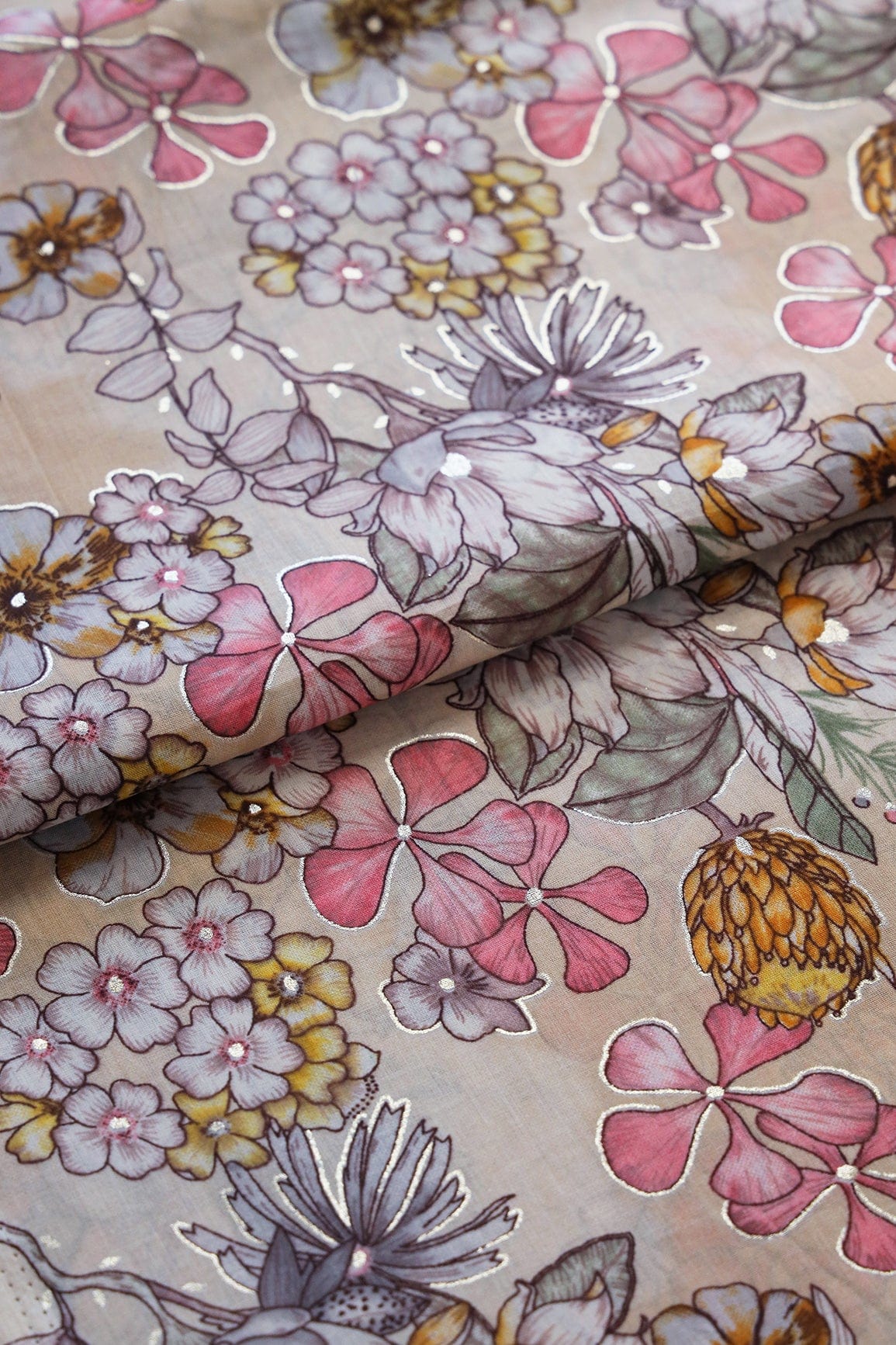 doeraa Prints Multicolor Floral Foil Print On Light Beige Pure Mul Cotton Fabric