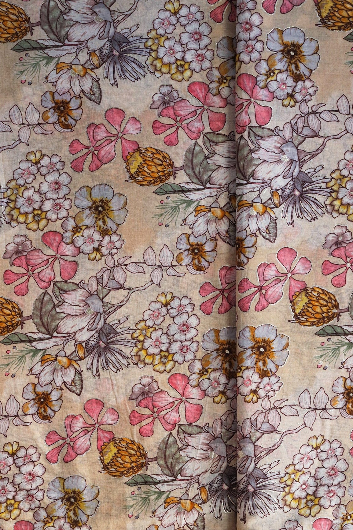 doeraa Prints Multicolor Floral Foil Print On Light Beige Pure Mul Cotton Fabric