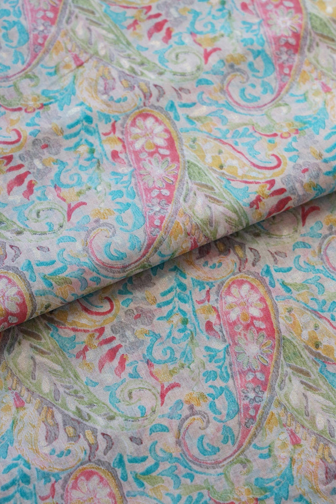 doeraa Prints Multicolor Paisley Pattern With Foil Print On Light Beige Pure Mul Cotton Fabric