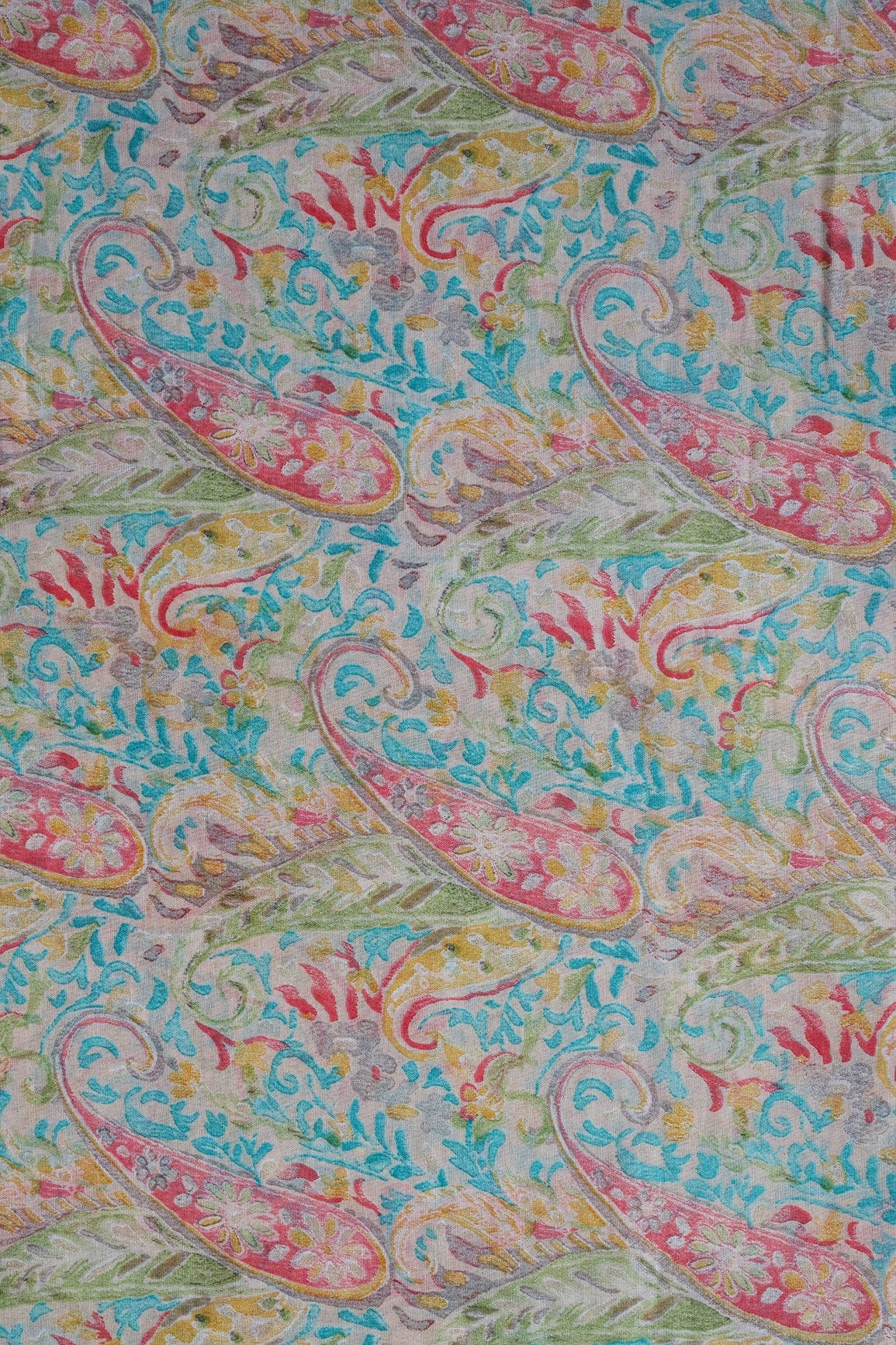 doeraa Prints Multicolor Paisley Pattern With Foil Print On Light Beige Pure Mul Cotton Fabric