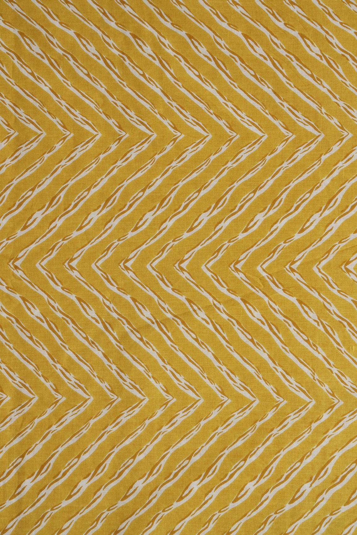 doeraa Prints Mustard And White Chevron Print On Pure Mul Cotton Fabric
