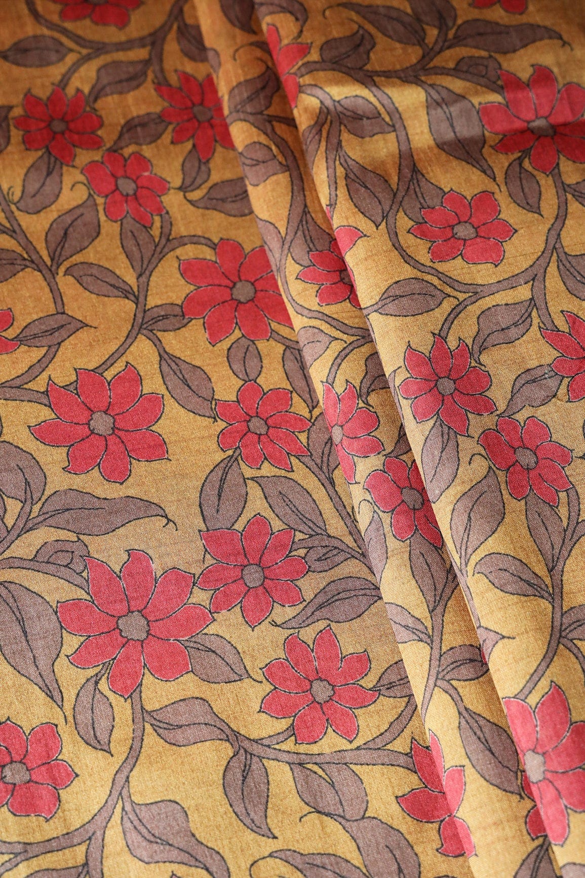 doeraa Prints Mustard Floral Pattern Digital Print On Mulberry Silk Fabric