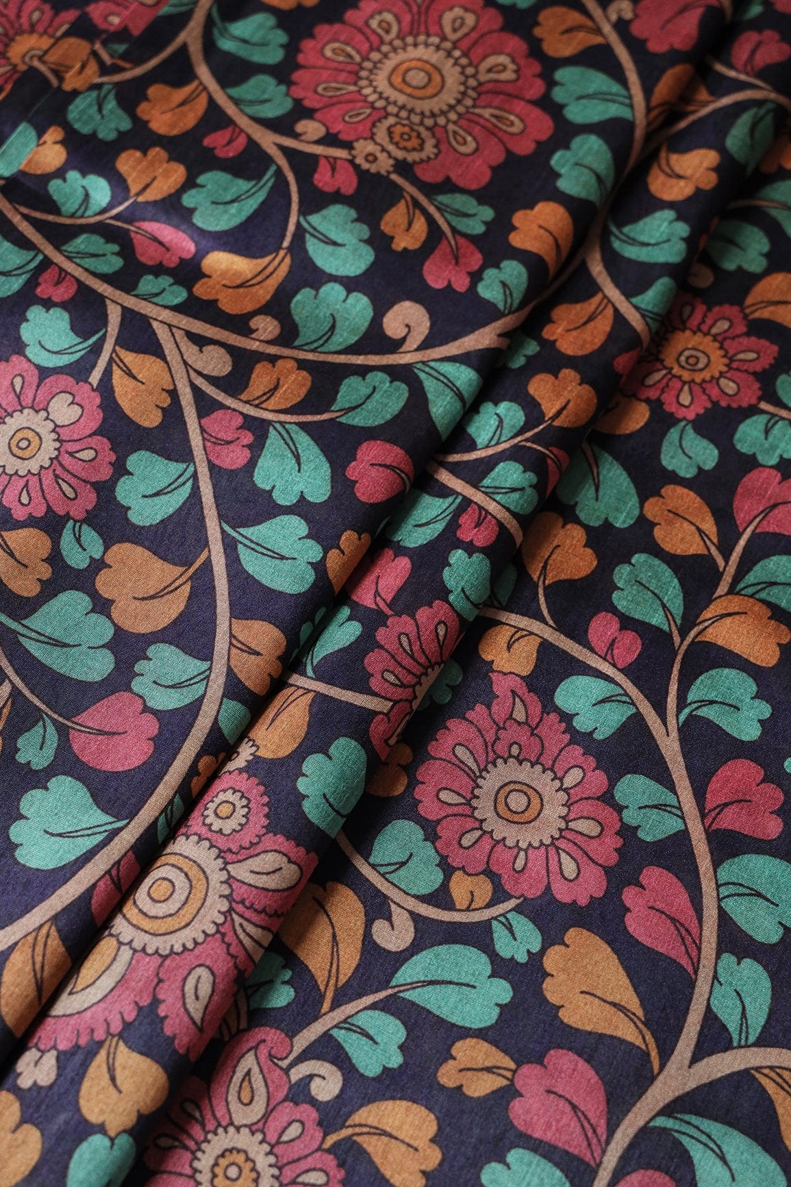 doeraa Prints Navy Blue And Pink Floral Pattern Digital Print On Mulberry Silk Fabric