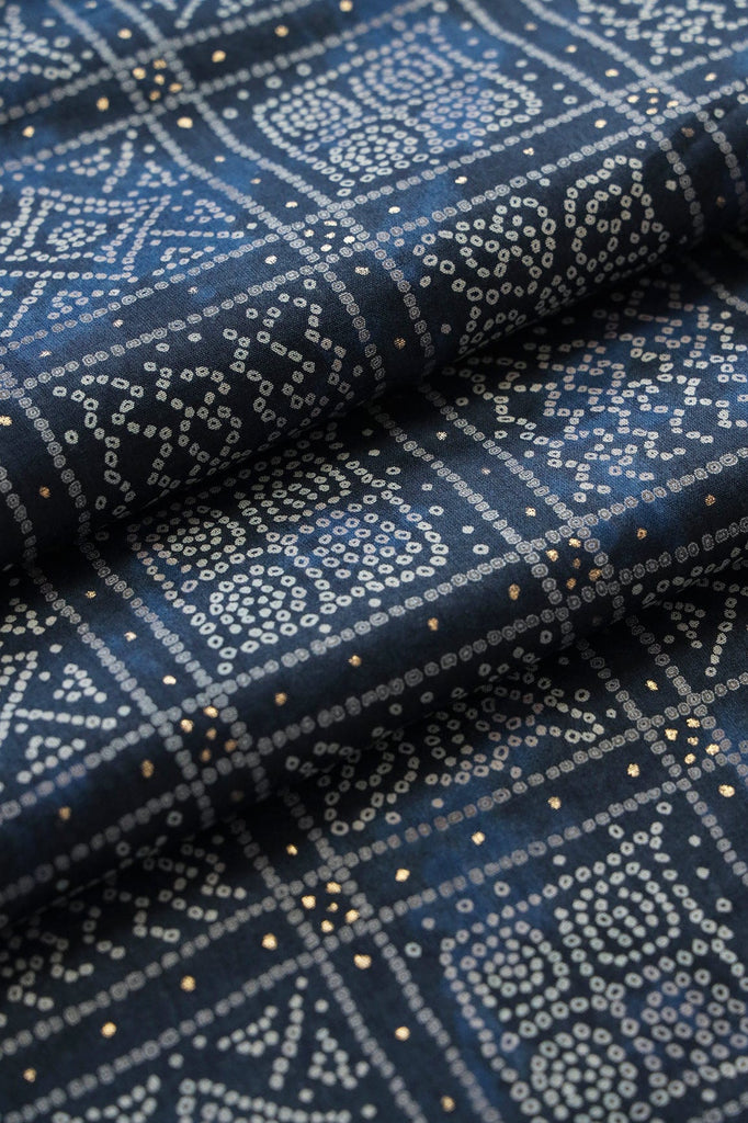 doeraa Prints Navy Blue And White Bandhani Pattern With Foil Print On Pure Mul Cotton Fabric